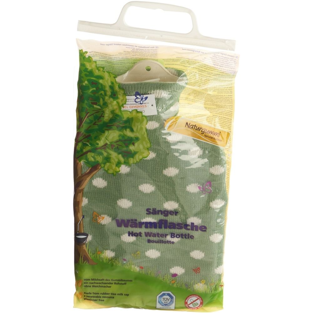 Sänger Bouillotte 2L – Housse Tricotée Coton Vert Maïs à Pois