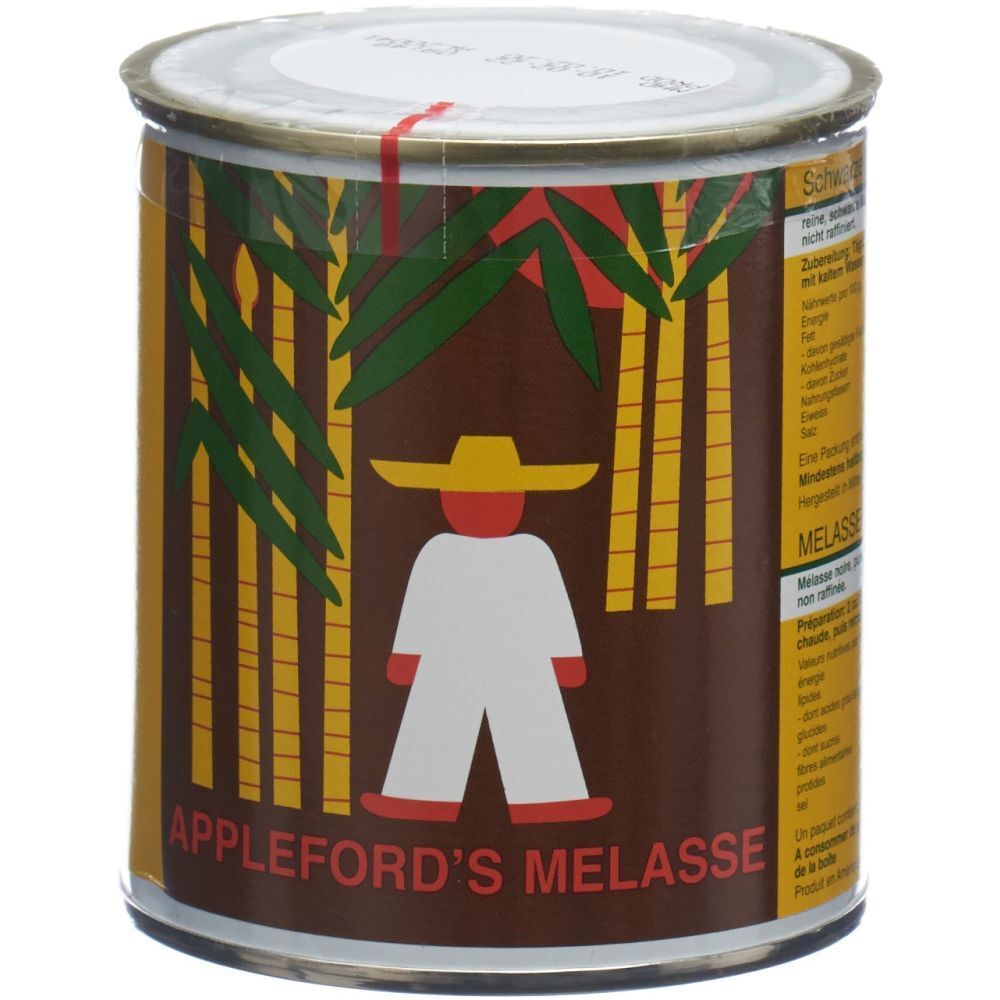 Boîte de mélasse APPLEFORD'S. Boîte marron avec étiquette montrant une personne avec un chapeau devant de la canne à sucre.