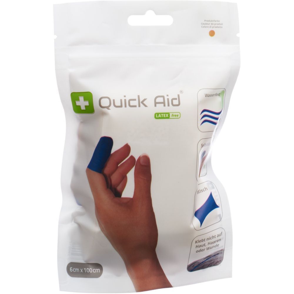 Emballage de pansements QUICK AID sans latex. Doigt bandé en bleu sur une main. 6 x 100 cm. Résistant à l'eau, respirant, n'adhère pas à la peau, aux poils ou aux plaies.