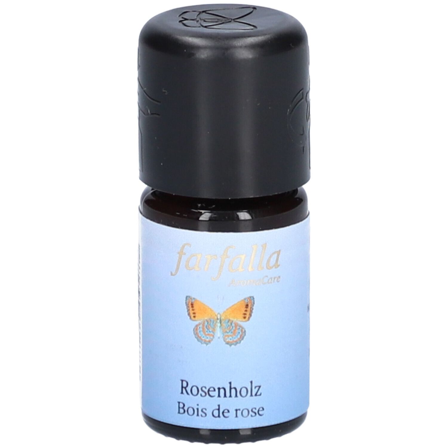 Bruine glazen fles met zwarte dop. Label: Farfalla AromaCare, vlinder, Rosenholz, Bois de rose.
