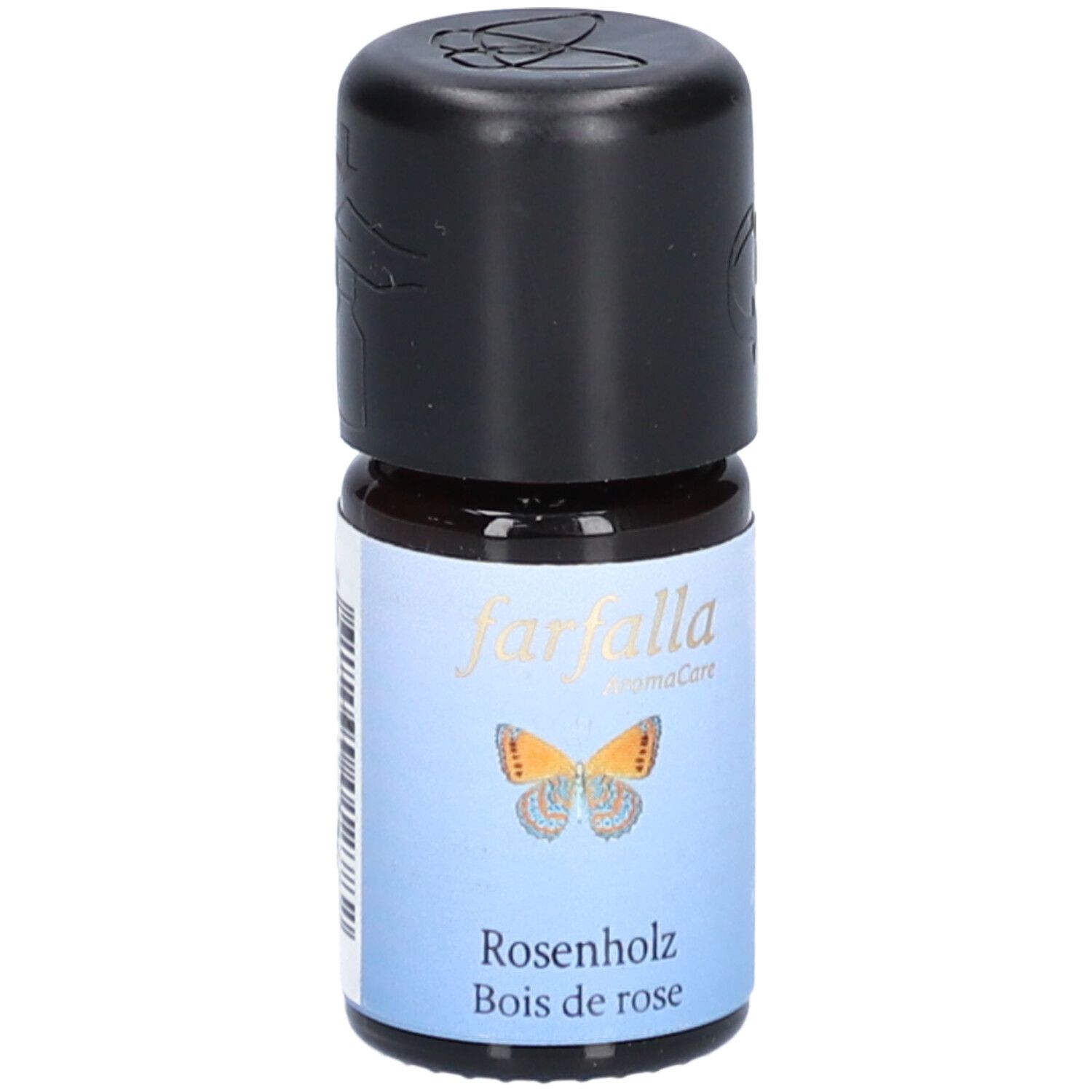 Bruine glazen fles met zwarte dop. Label: Farfalla AromaCare, vlinder, Rosenholz, Bois de rose.