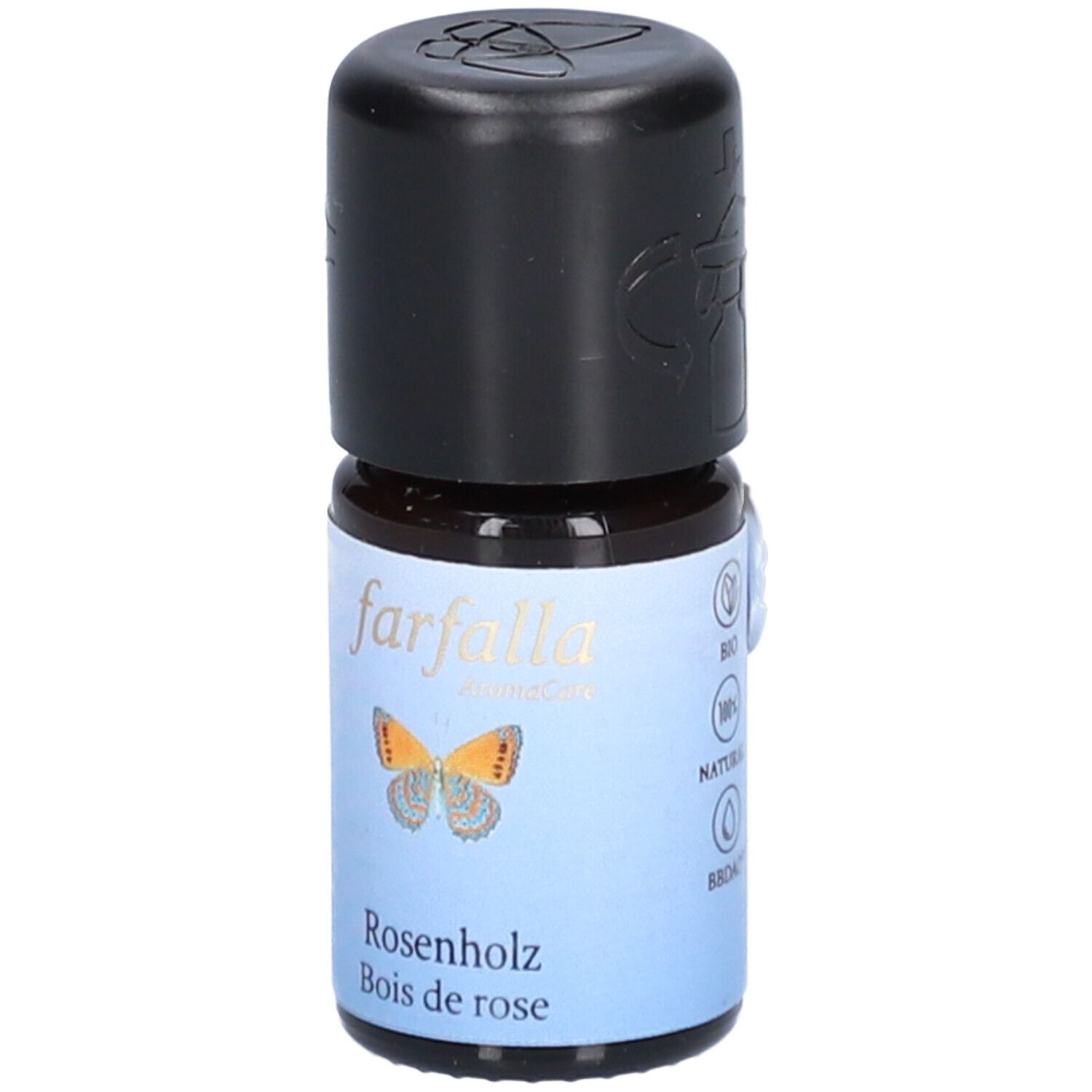 Bruine glazen fles met zwarte dop. Label met vlinder, Farfalla AromaCare, Rosenholz, Bois de rose. Bio-keurmerk.