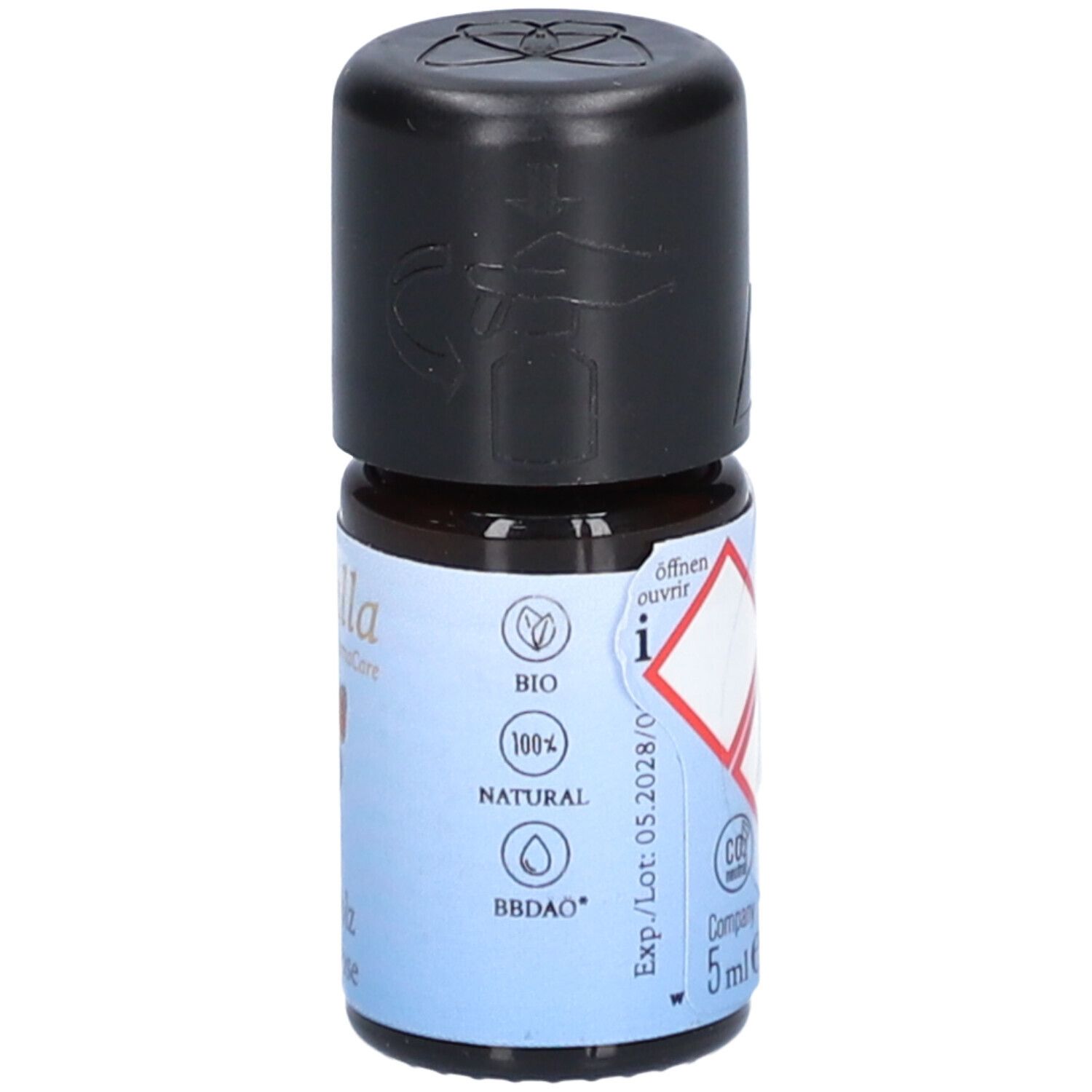 Bruine glazen fles met zwarte dop. Label met waarschuwingssymbolen, bio-keurmerk, 5ml e, Exp./Lot 05.2028/P.