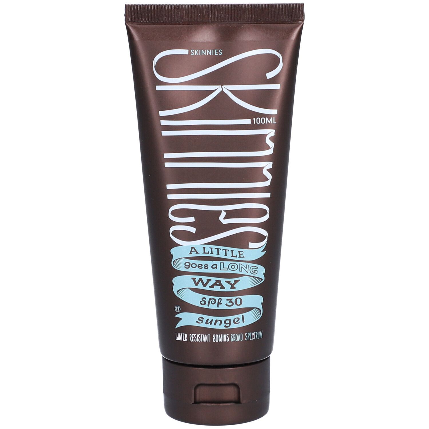Tube marron avec texte blanc SKINNIES, 'A LITTLE GOES A LONG WAY' et 'SPF 30'.