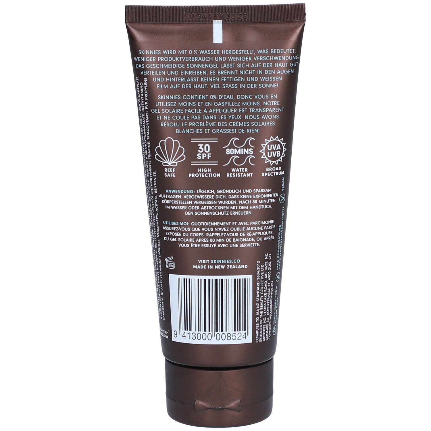 Dos d'un tube marron avec texte, logo et code-barres. Contient SPF 30, résistant à l'eau 80 minutes.