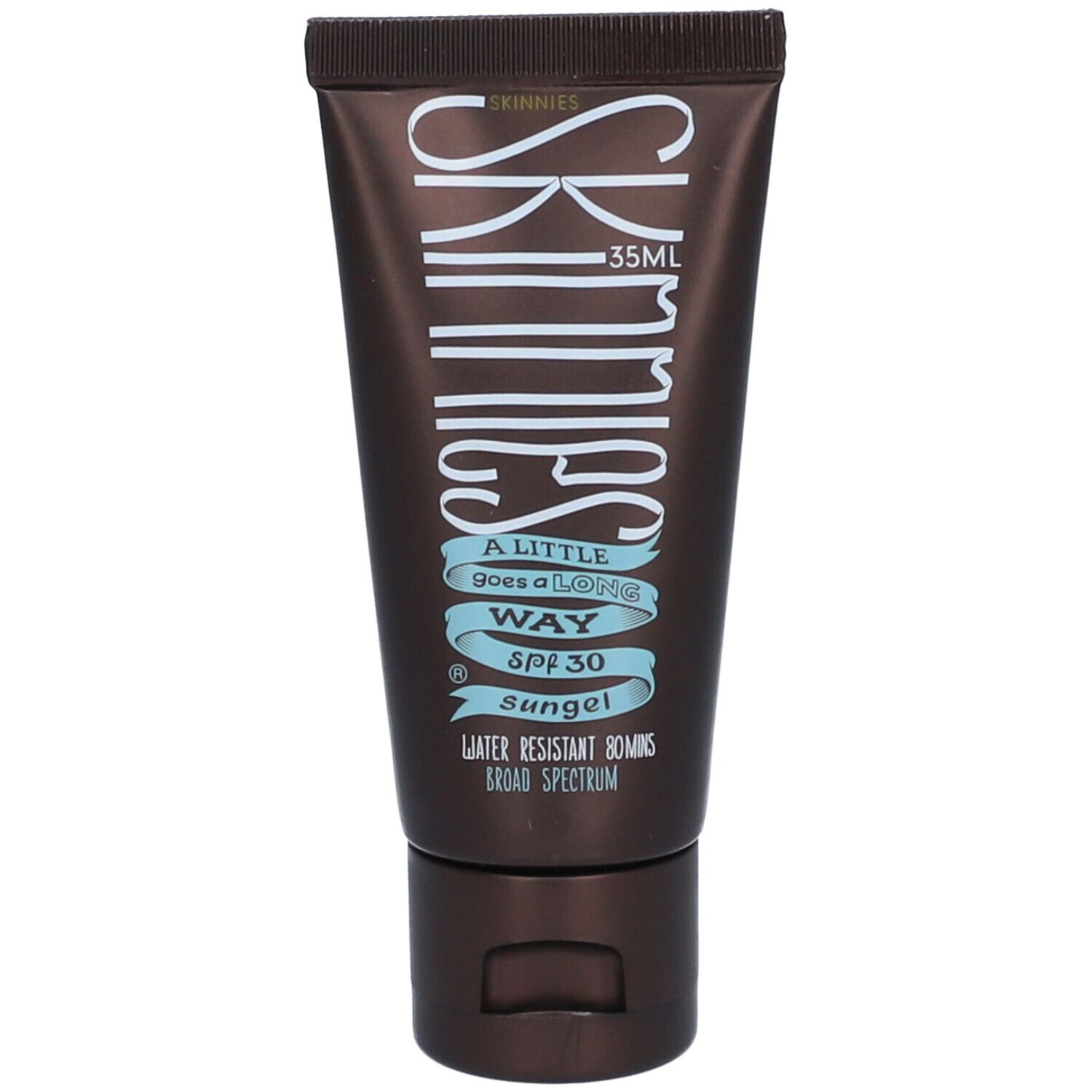 Tube marron de SKINNIES Sonnengel SPF30. Texte: "A LITTLE goes a LONG WAY". 35ml.