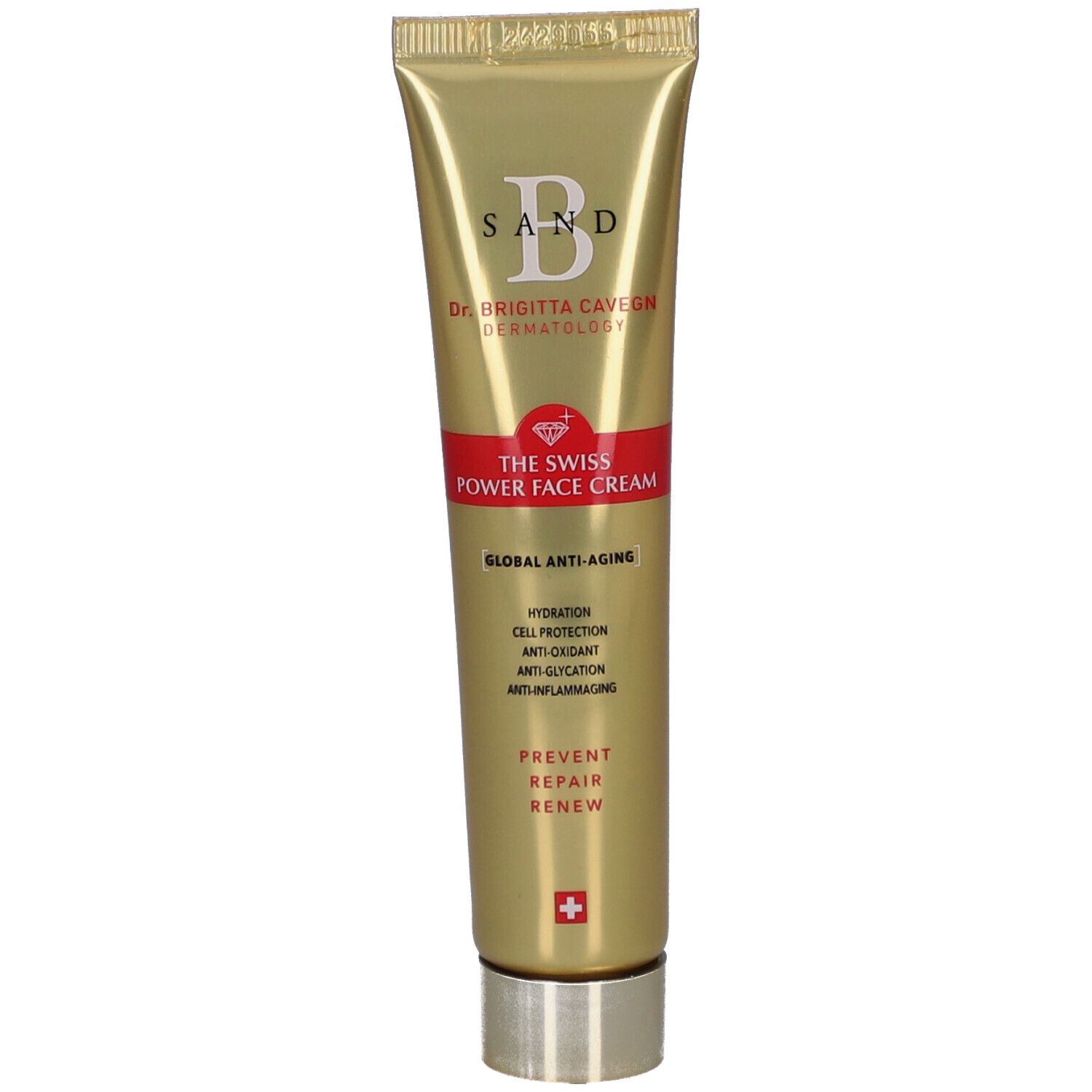 Gouden tube met rode band. Opschrift: B SAND, THE SWISS POWER FACE CREAM. Zwitsers kruis.