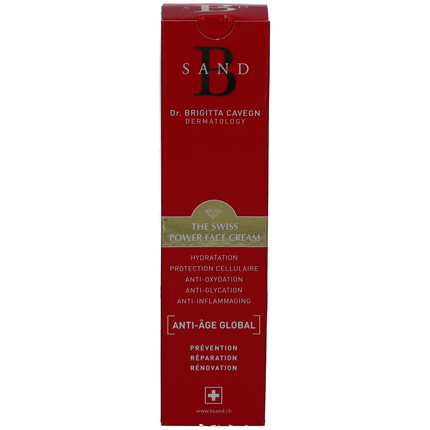 Rode doos. Opschrift: B SAND, THE SWISS POWER FACE CREAM. Anti-Age Global. Zwitsers kruis.