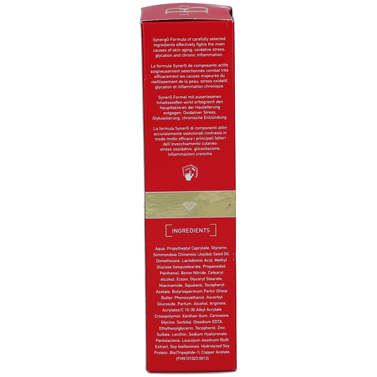 Rode doos, achterkant. Tekst: ingrediënten, werking. Zwitsers kruis. Fabrikantinformatie.