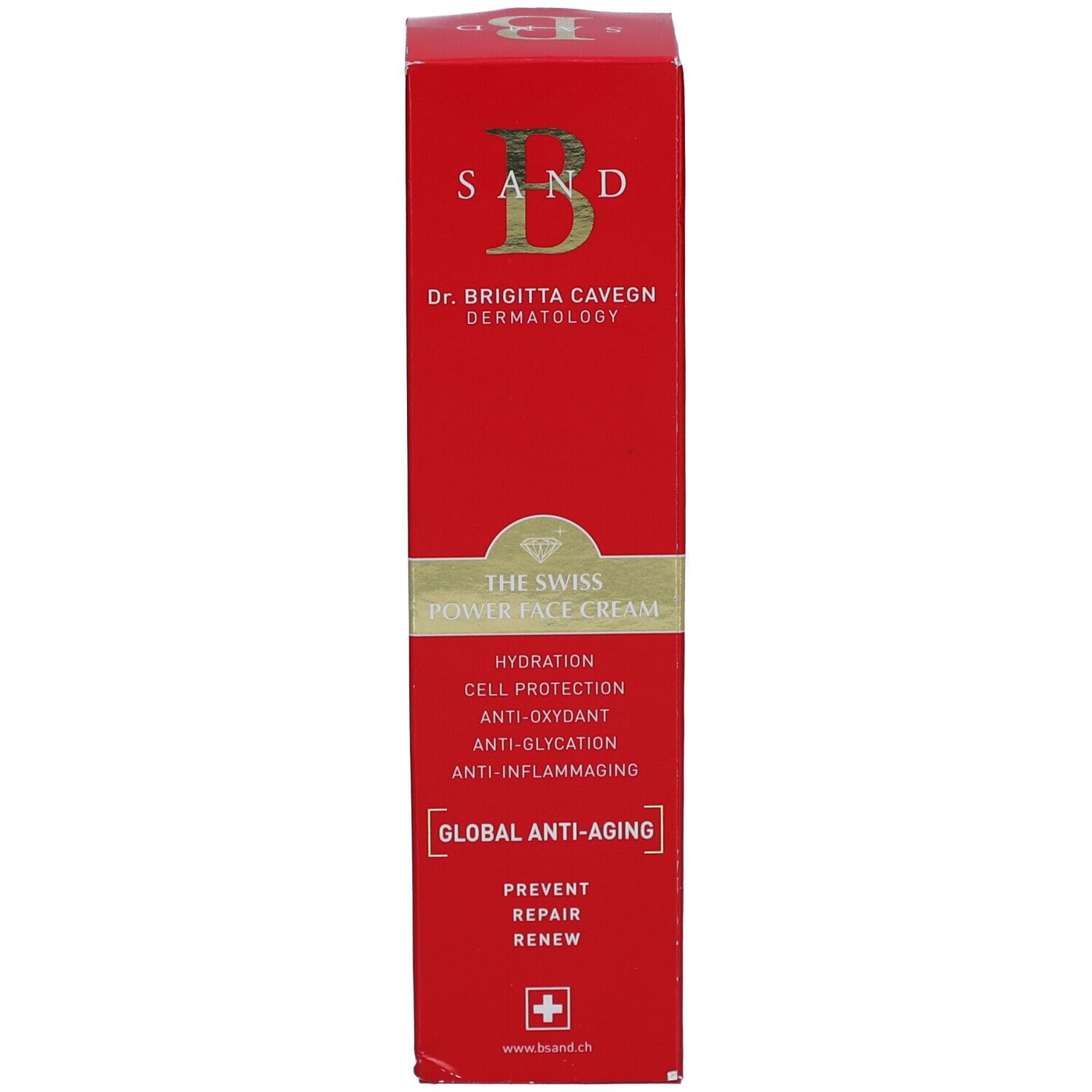 Rode doos. Opschrift: B SAND, THE SWISS POWER FACE CREAM. Anti-Age Global. Zwitsers kruis.
