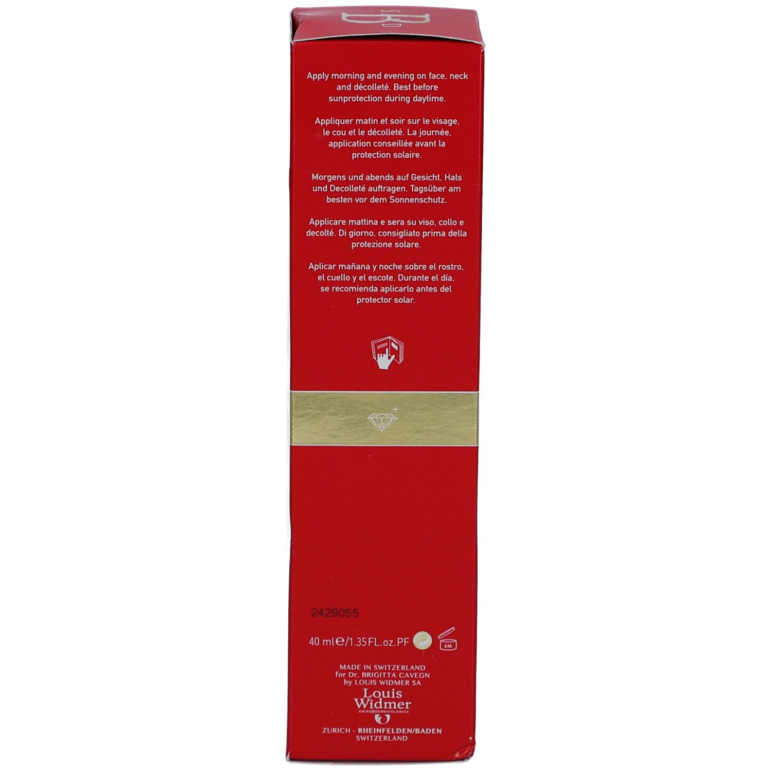 Rode doos, achterkant. Meertalige gebruiksaanwijzing. Zwitsers kruis. Fabrikantinformatie.