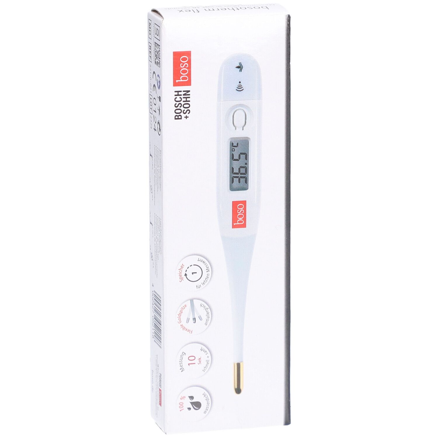 Thermomètre BOSCH + SOHN boso Thermometer Flex : Thermomètre numérique blanc avec pointe dorée et écran LCD.