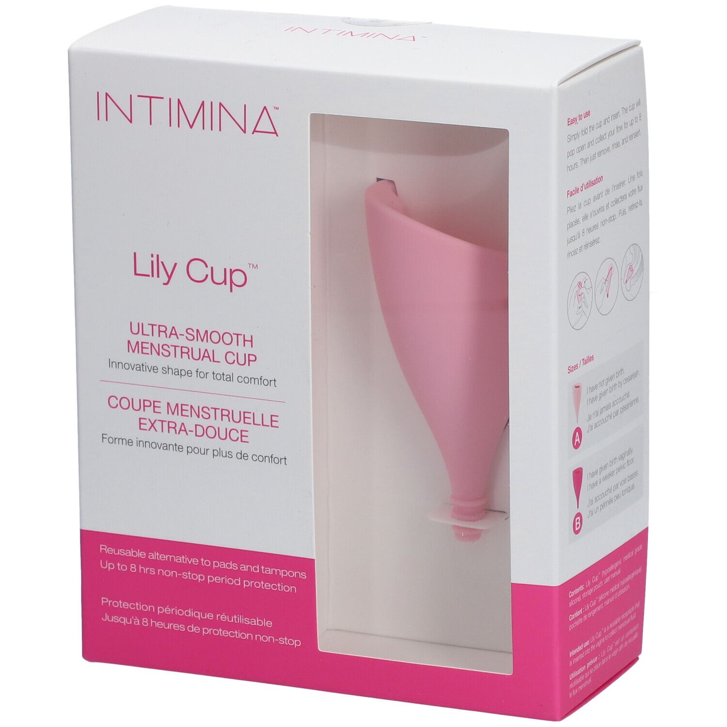 Coupe menstruelle rose dans un emballage. Marque INTIMINA, nom du produit Lily Cup. Texte: Ultra-Smooth Menstrual Cup.