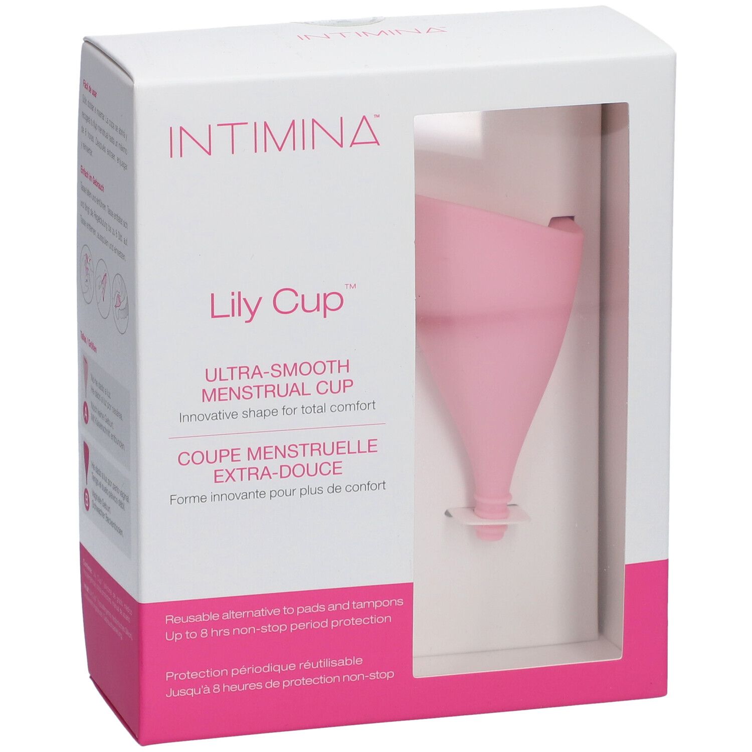 Coupe menstruelle rose dans un emballage. Marque INTIMINA, nom du produit Lily Cup. Texte: Ultra-Smooth Menstrual Cup.
