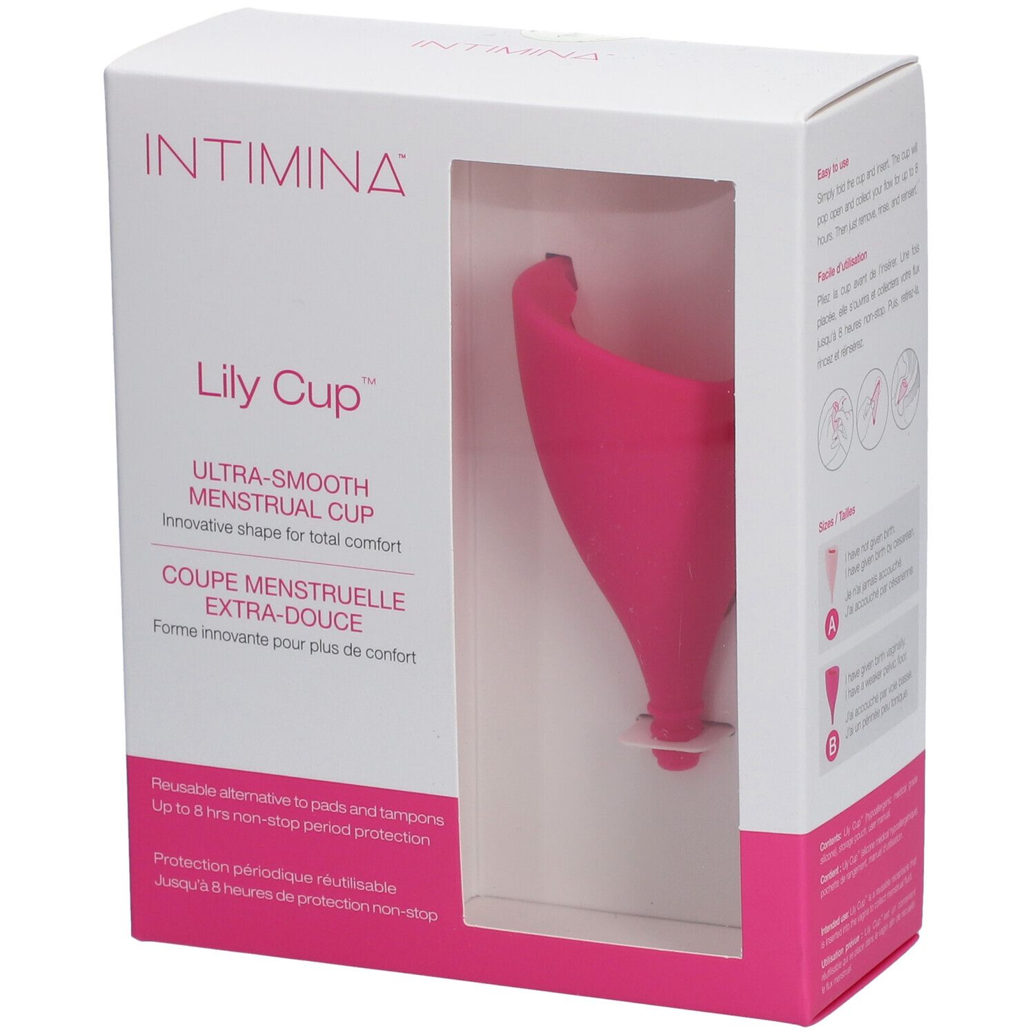 Intimina Lily Cup in verpakking. Roze menstruatiecup in witte doos met venster. Tekst: Ultra-Smooth Menstrual Cup.