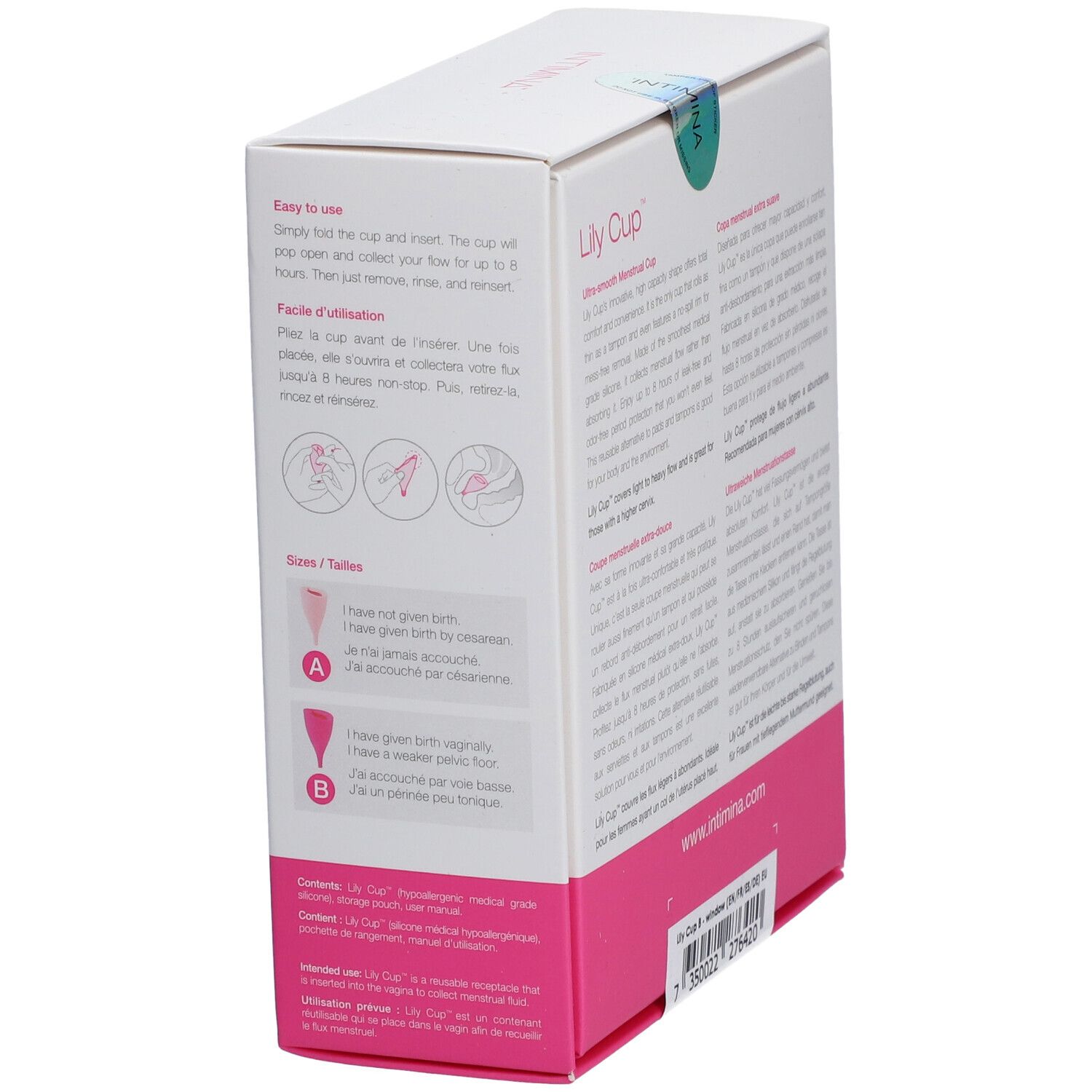 Achterkant van de Intimina Lily Cup verpakking. Tekst en illustraties. Doos met roze accenten.