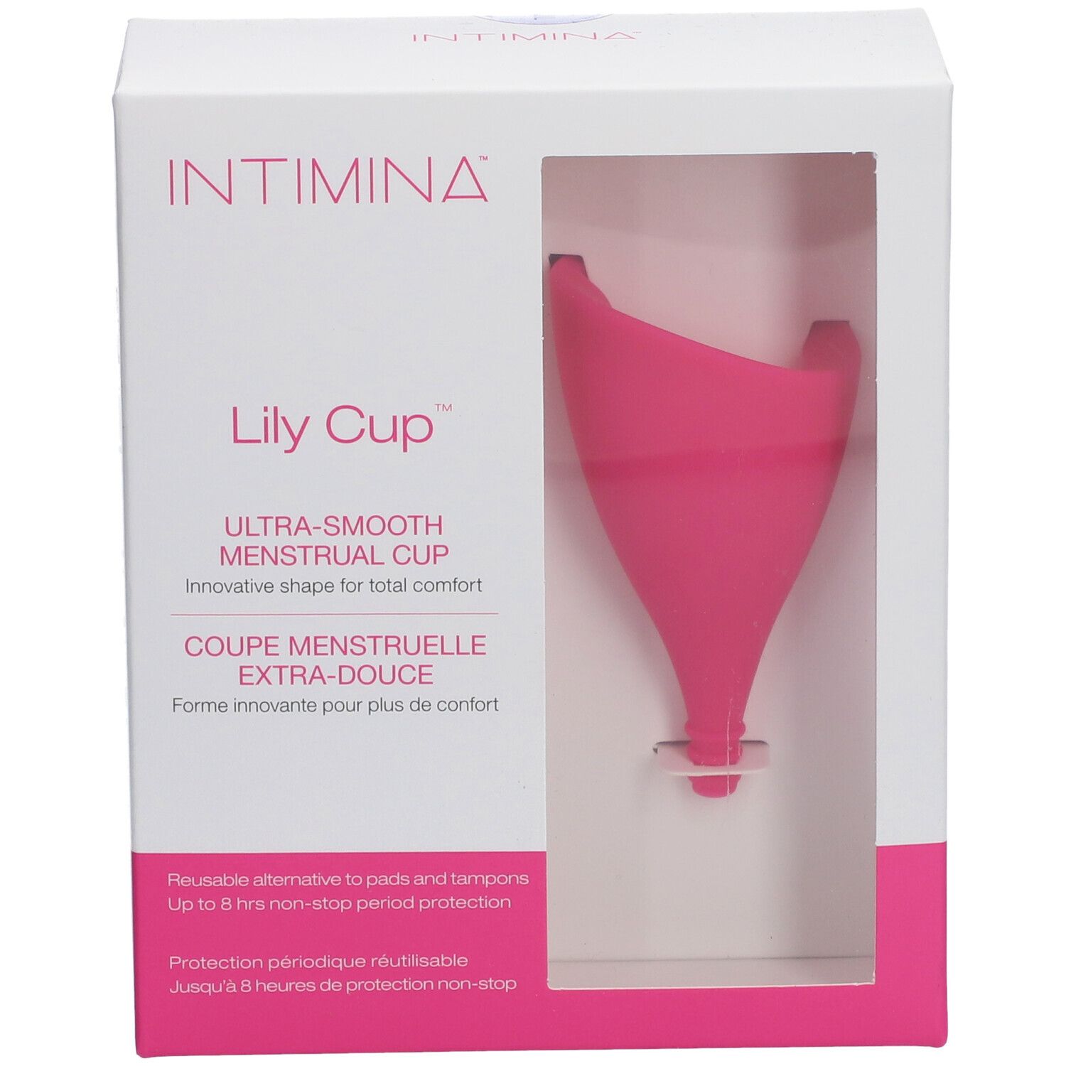 Intimina Lily Cup in verpakking. Roze menstruatiecup in witte doos met venster. Tekst: Ultra-Smooth Menstrual Cup.