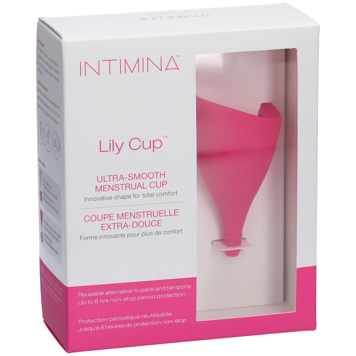 Intimina Lily Cup in verpakking. Roze menstruatiecup in witte doos met venster. Tekst: Ultra-Smooth Menstrual Cup.