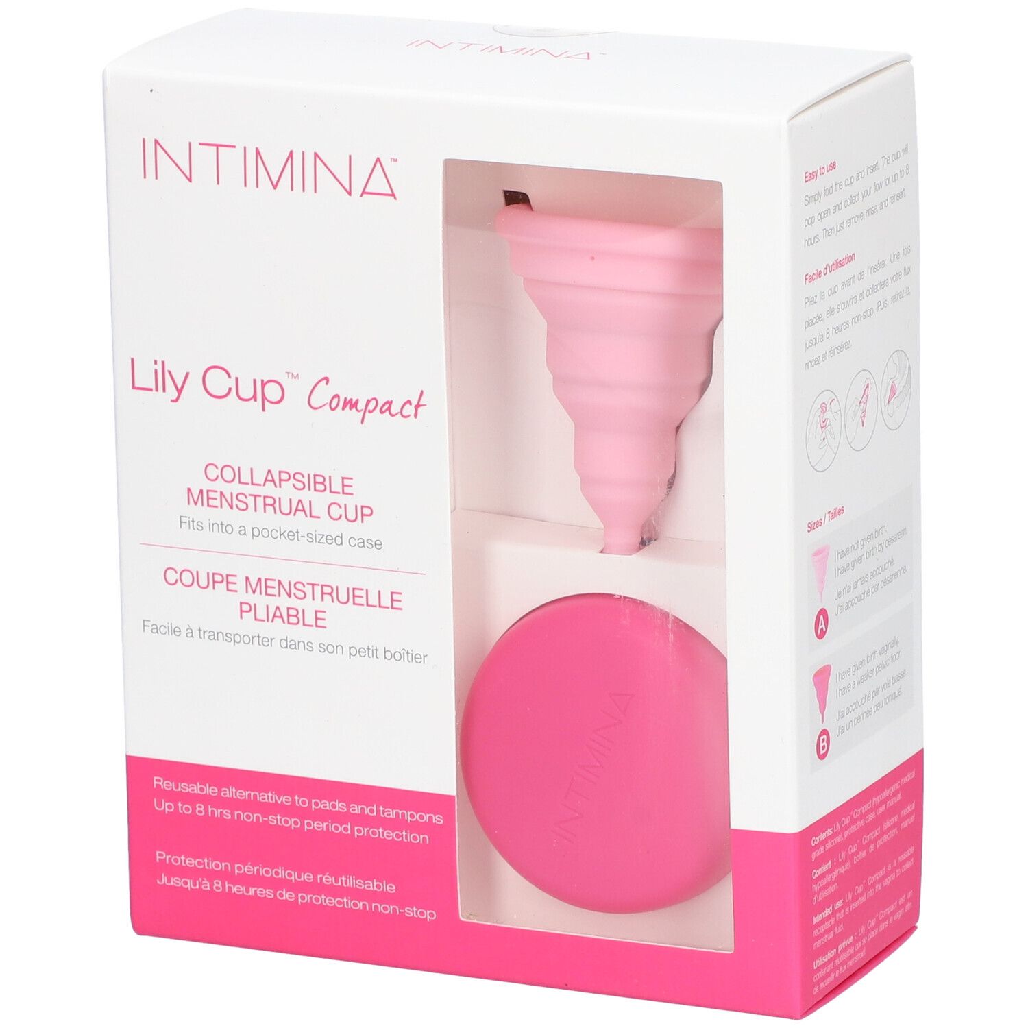 Boîte avec coupe menstruelle et étui. Visible : coupe rose, étui rose, nom du produit et marque.
