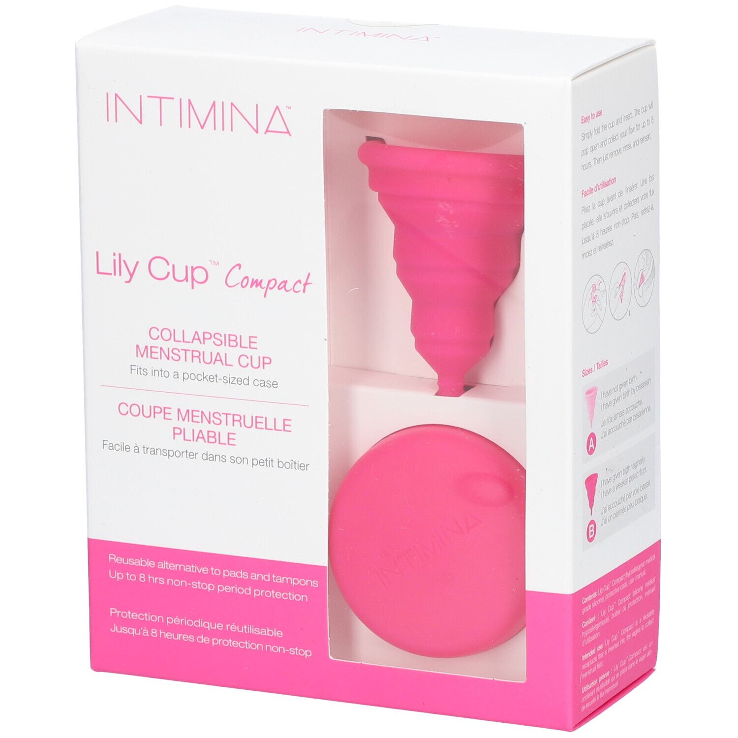 INTIMINA Lily Cup Compact B. Roze menstruatiecup en etui in verpakking. Venster.
