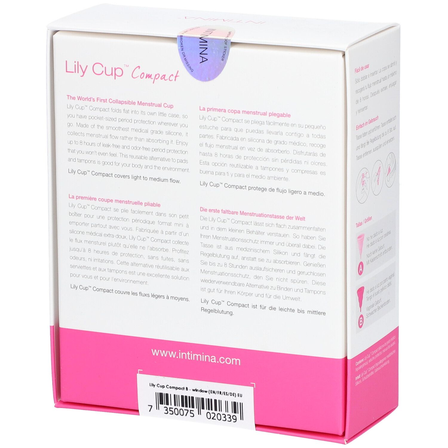 INTIMINA Lily Cup Compact B. Verpakking, tekst en zegel. Roze en wit.