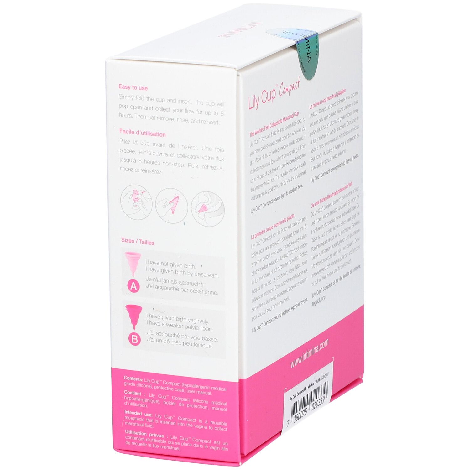 INTIMINA Lily Cup Compact B. Verpakking met tekst en illustraties. Roze accent.
