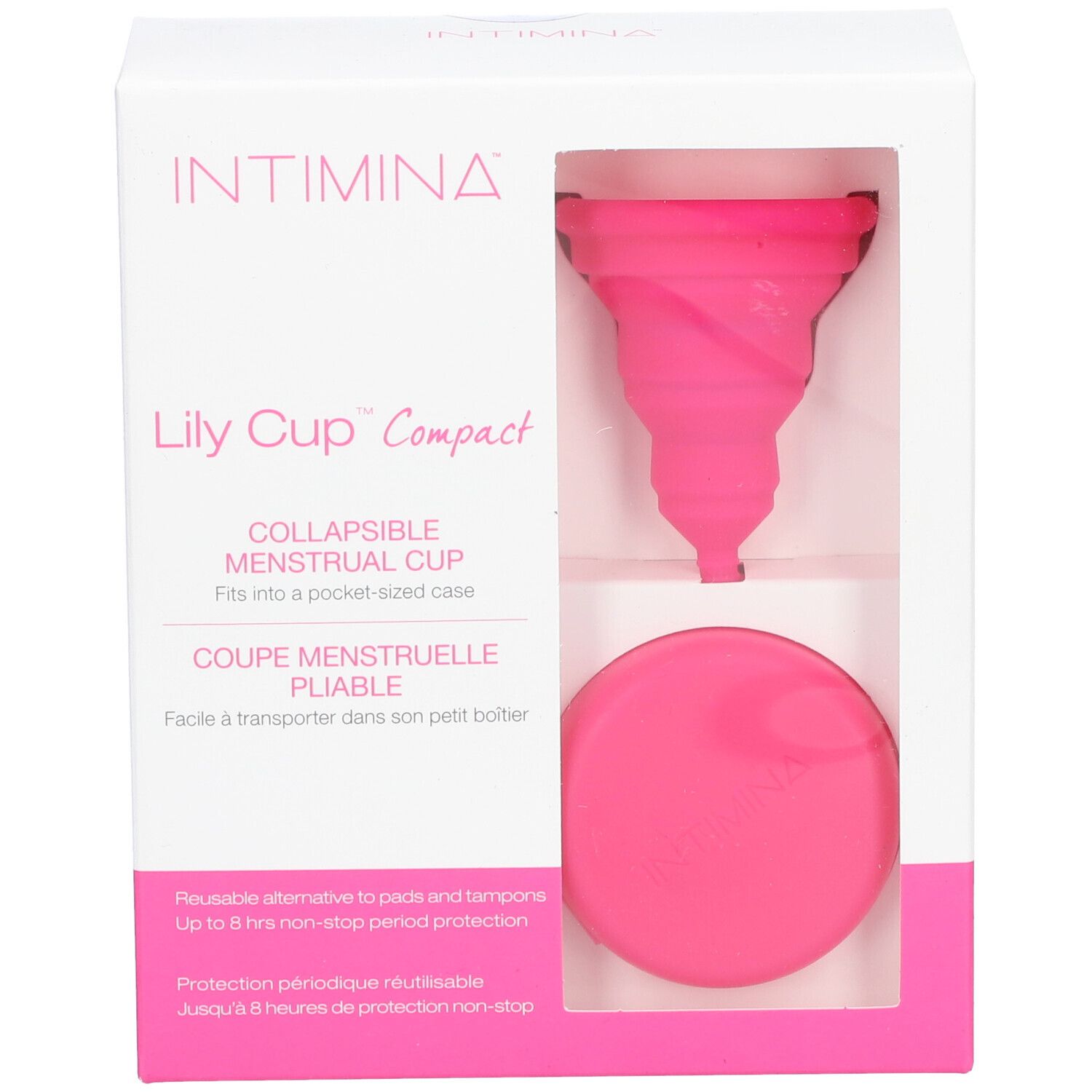INTIMINA Lily Cup Compact B. Menstruatiecup en etui in verpakking. Venster.