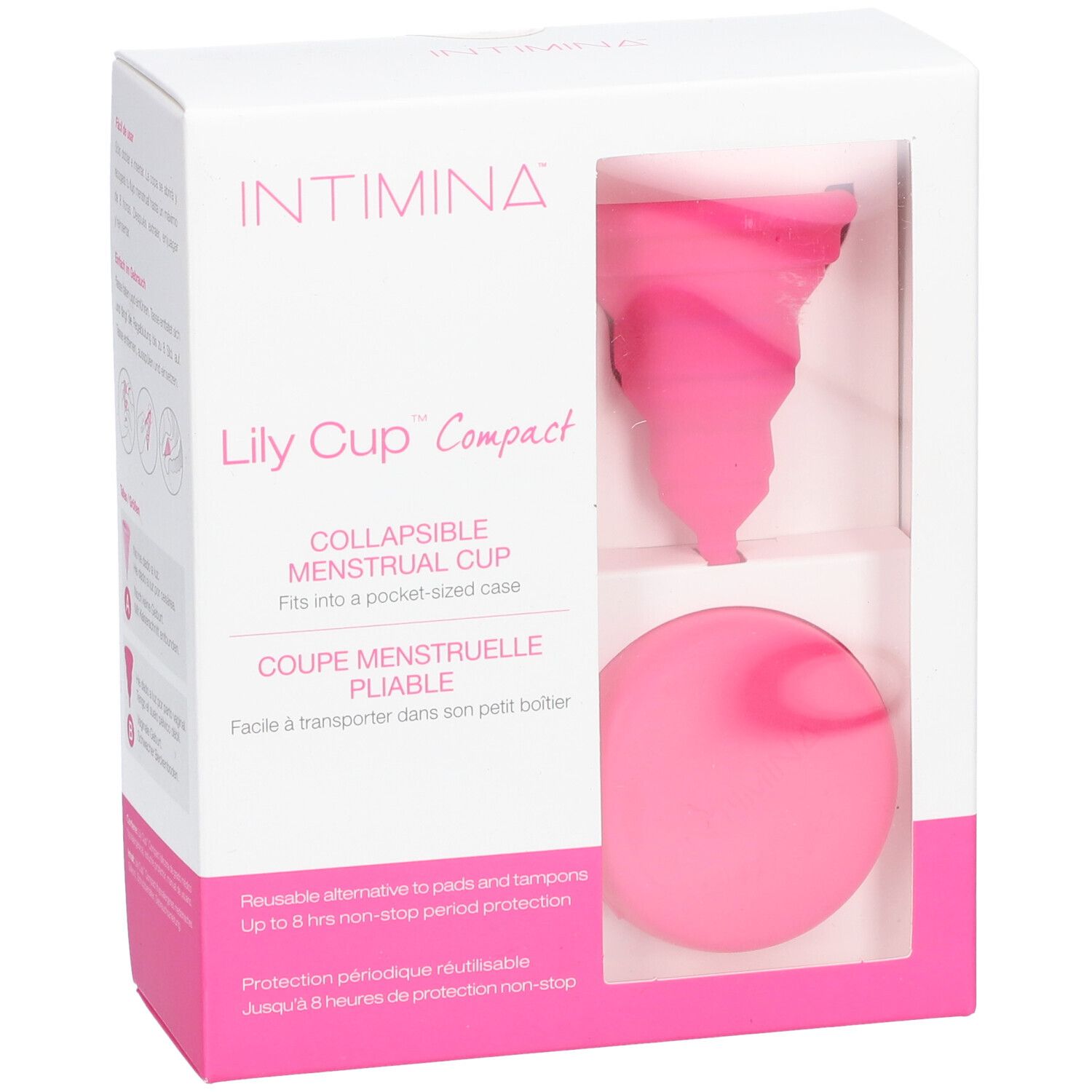 INTIMINA Lily Cup Compact B. Menstruatiecup en etui in verpakking. Venster.