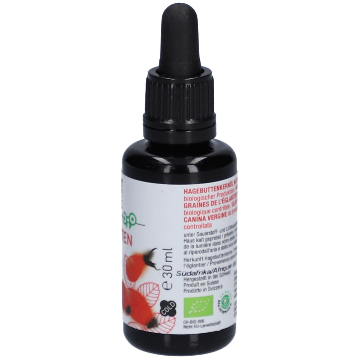 Bouteille d'huile de pépins de cynorrhodon bio NATURKRAFTWERKE avec pipette, étiquette 'e 30ml', 'COLD' et sceau bio.