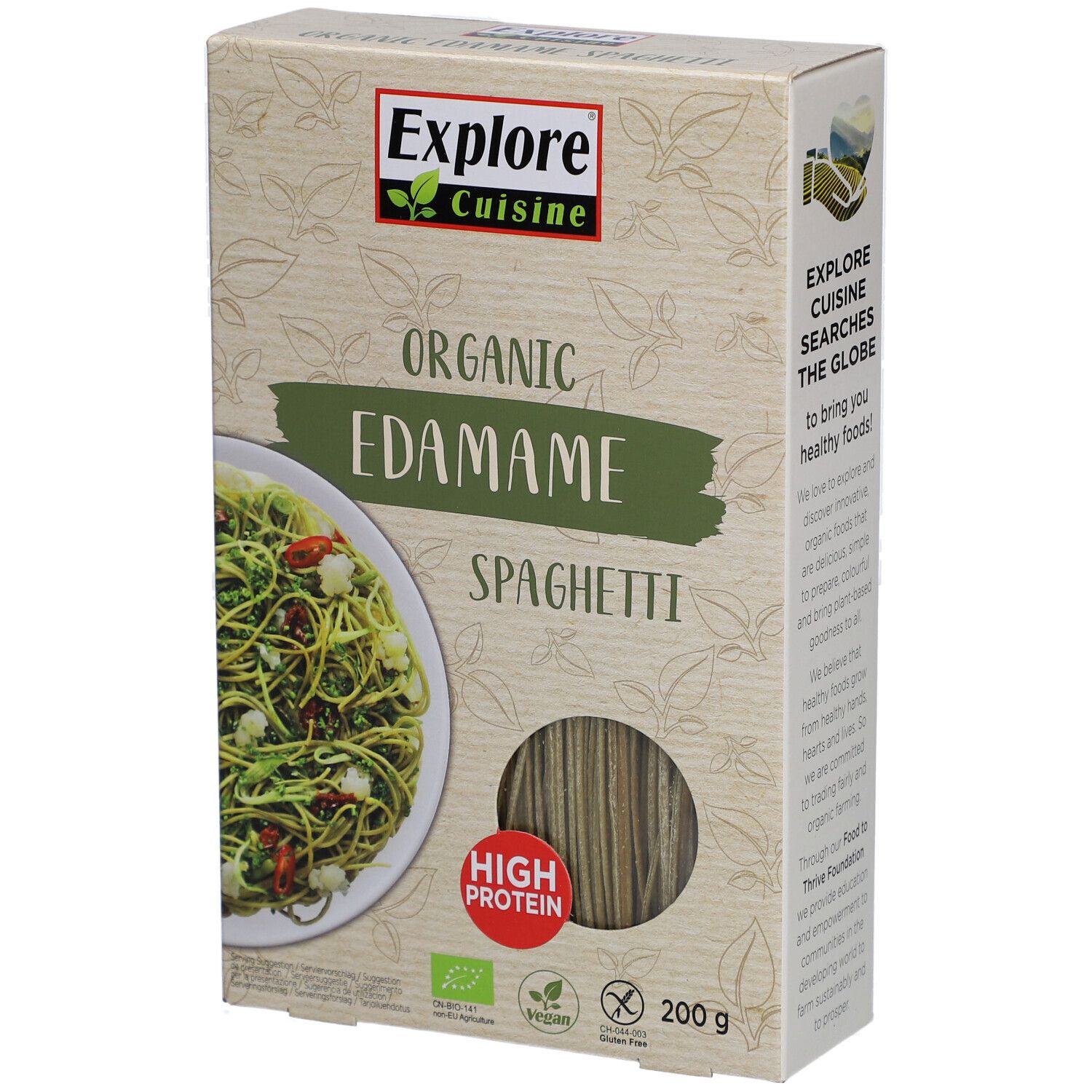 Boîte de spaghetti Explore Cuisine Edamame bio. Inscription : Organic Edamame Spaghetti, EU Bio, High Protein, 200g.