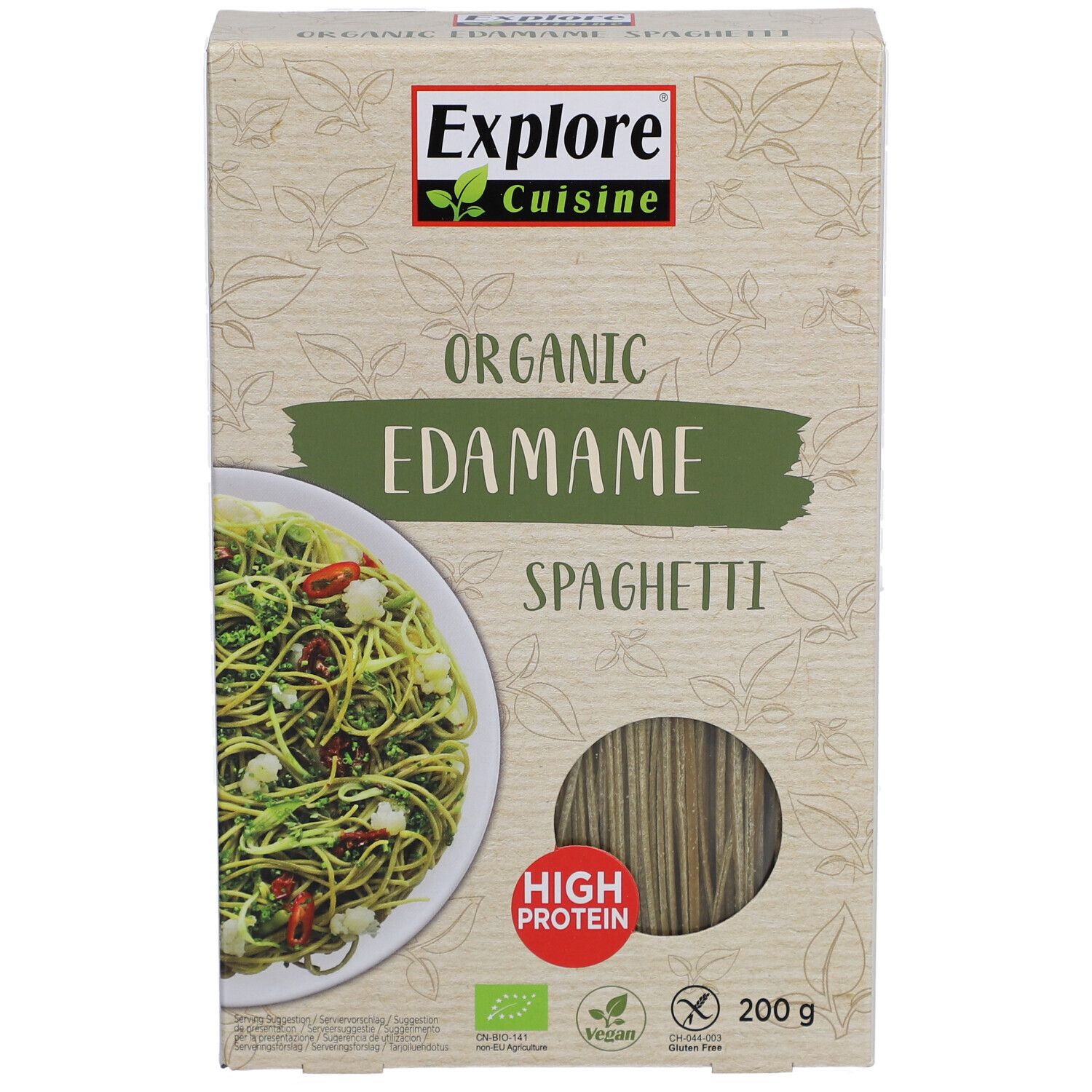 Boîte de spaghetti Explore Cuisine. Inscription : Organic Edamame Spaghetti, EU Bio, High Protein, Vegan, 200g.