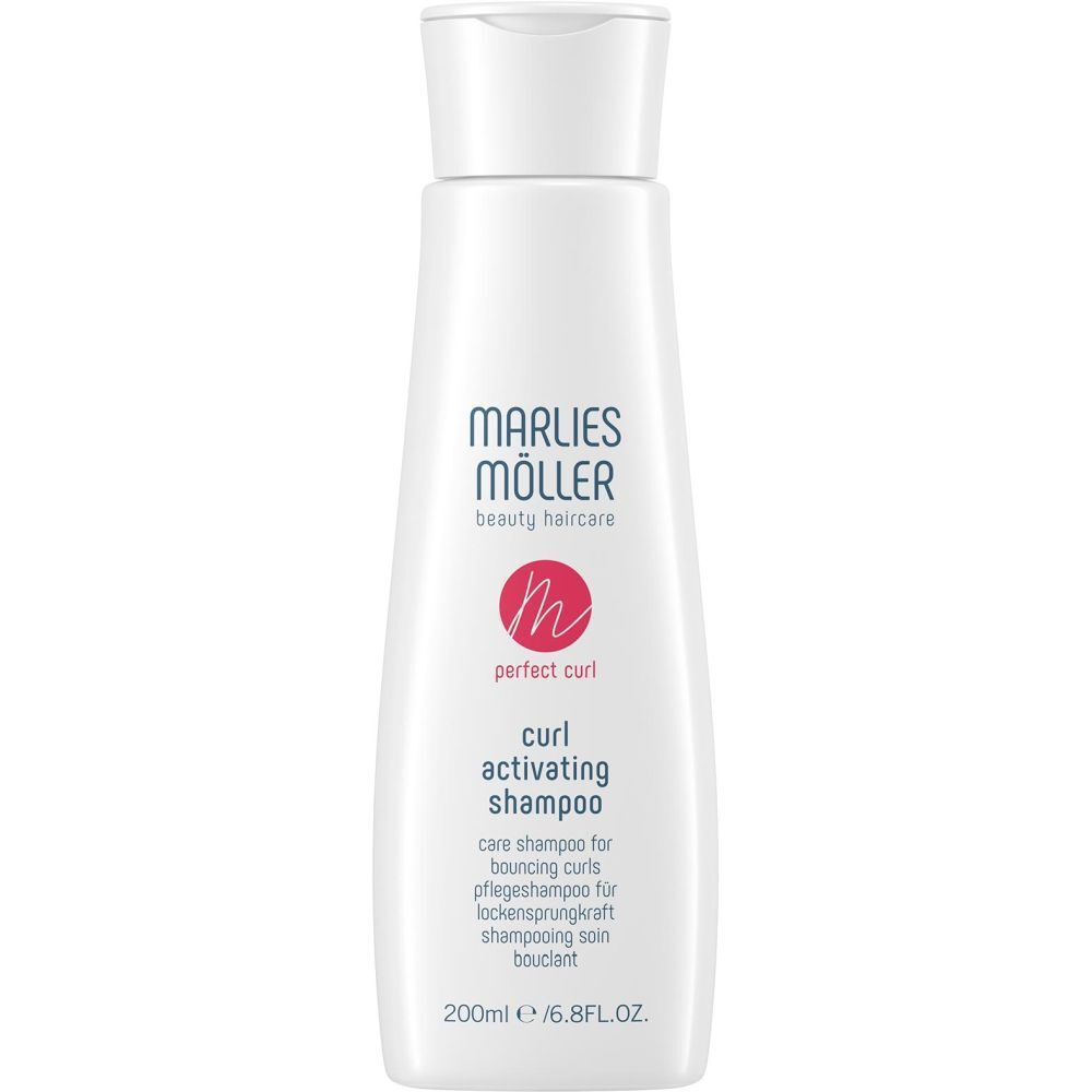 Witte fles Marlies Möller shampoo. Opschrift: Curl Activating Shampoo. Logo en tekst.