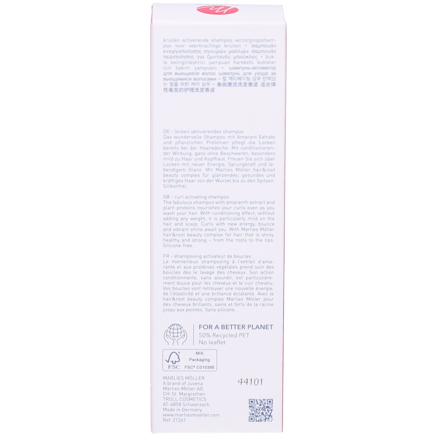 Achterkant van de shampoo verpakking. Tekst en logo's zichtbaar. Productbeschrijving.