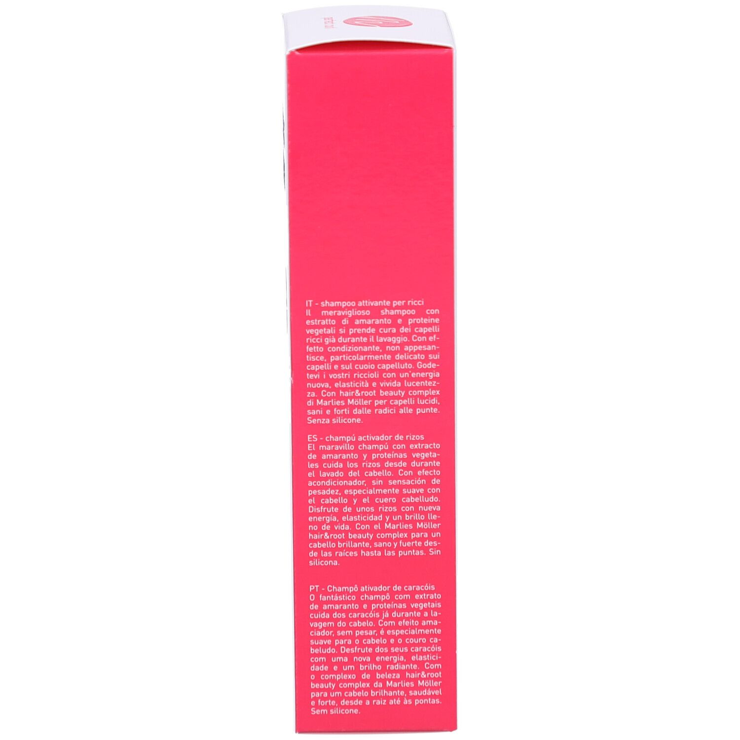 Zijkant van de shampoo verpakking. Tekst en logo's zichtbaar. Productbeschrijving.