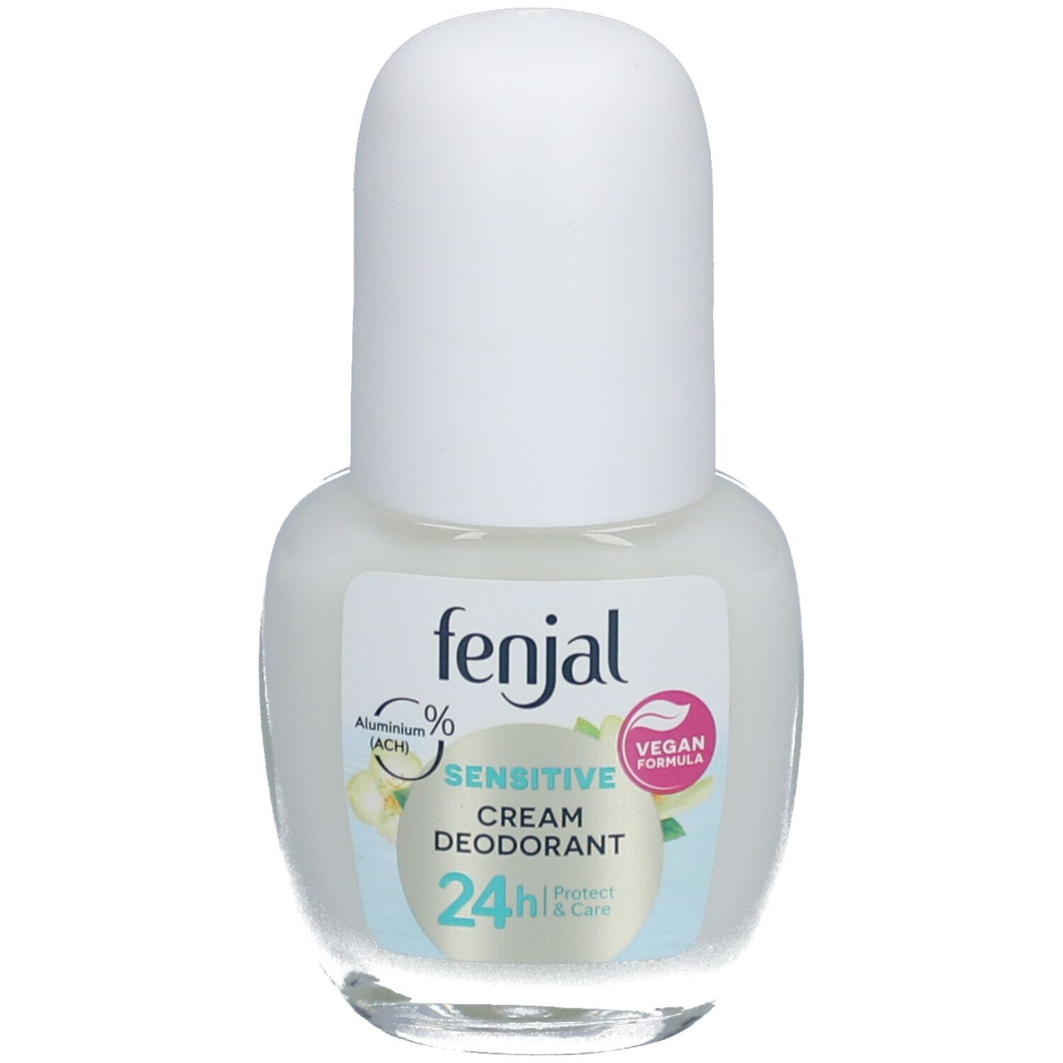 Deodorantcrèmefles met witte dop. Etiket met "fenjal", "SENSITIVE", "CREAM DEODORANT" en "Vegan Formula".