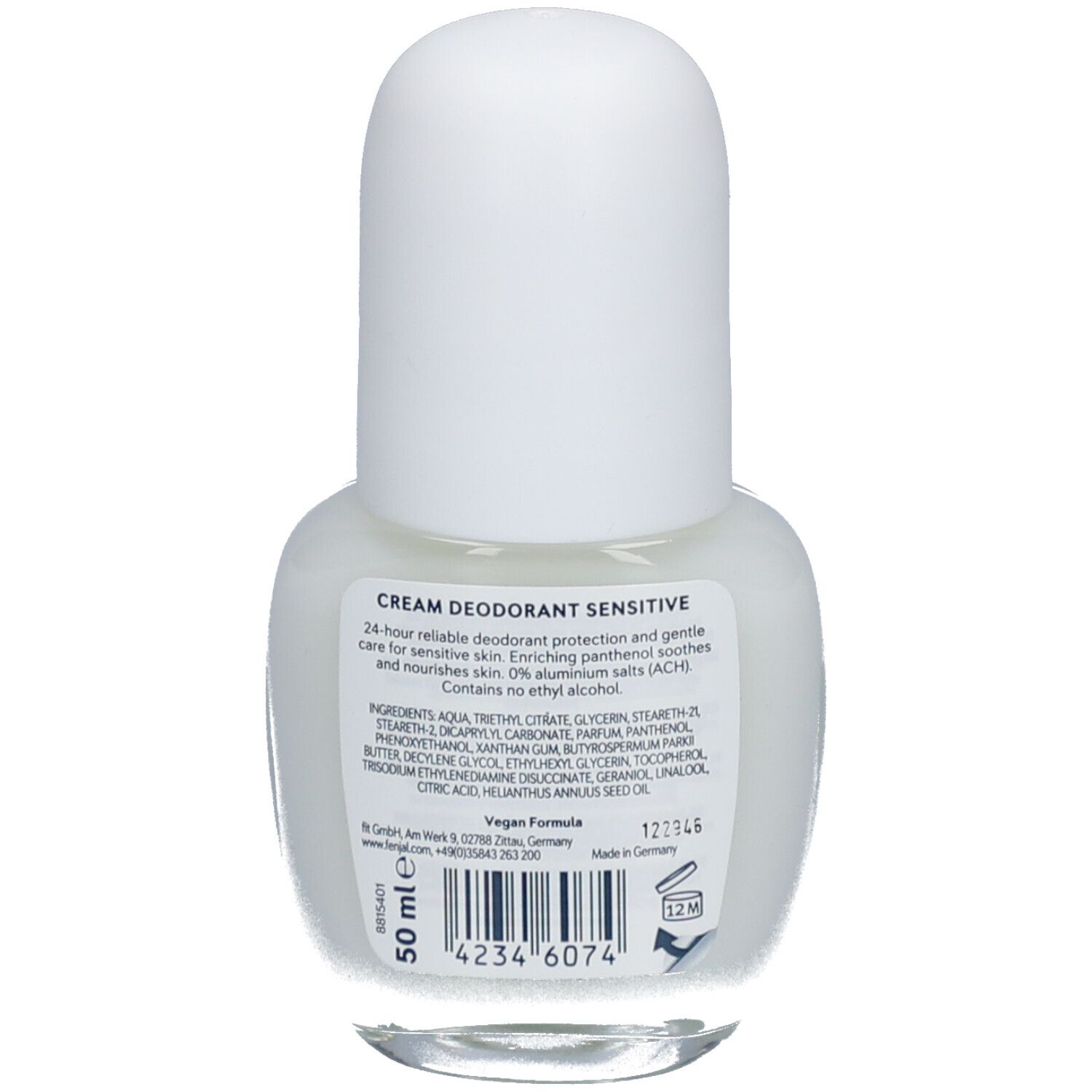 Achterkant van de deodorantcrèmefles. Tekst met ingrediënten en "Vegan Formula". Onder: "50 ml" en barcode.