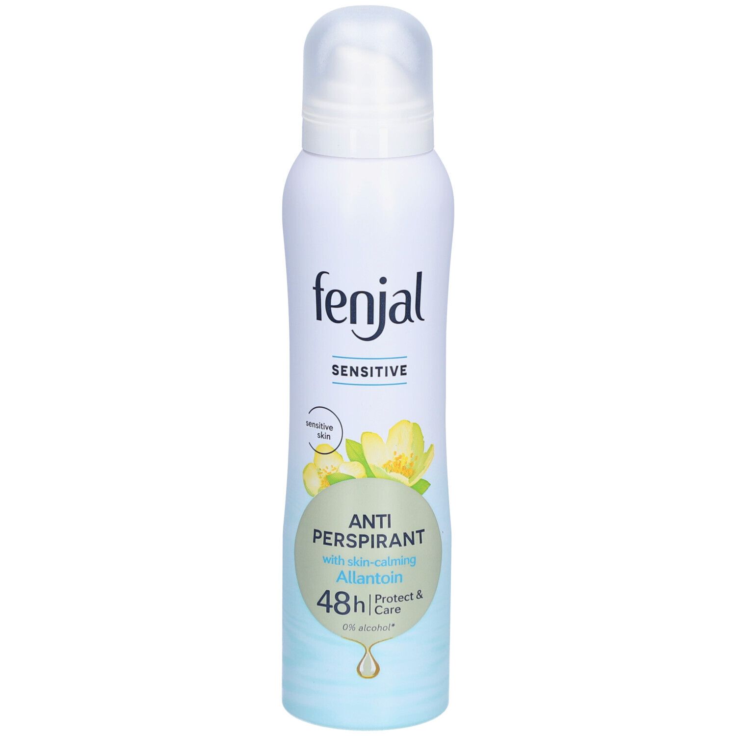 FENJAL Anti-Transpirant Deodorant. Witte spuitfles met blauw etiket. 'Sensitive' en productnaam. Tekst 'Anti-Perspirant' en '48h'.
