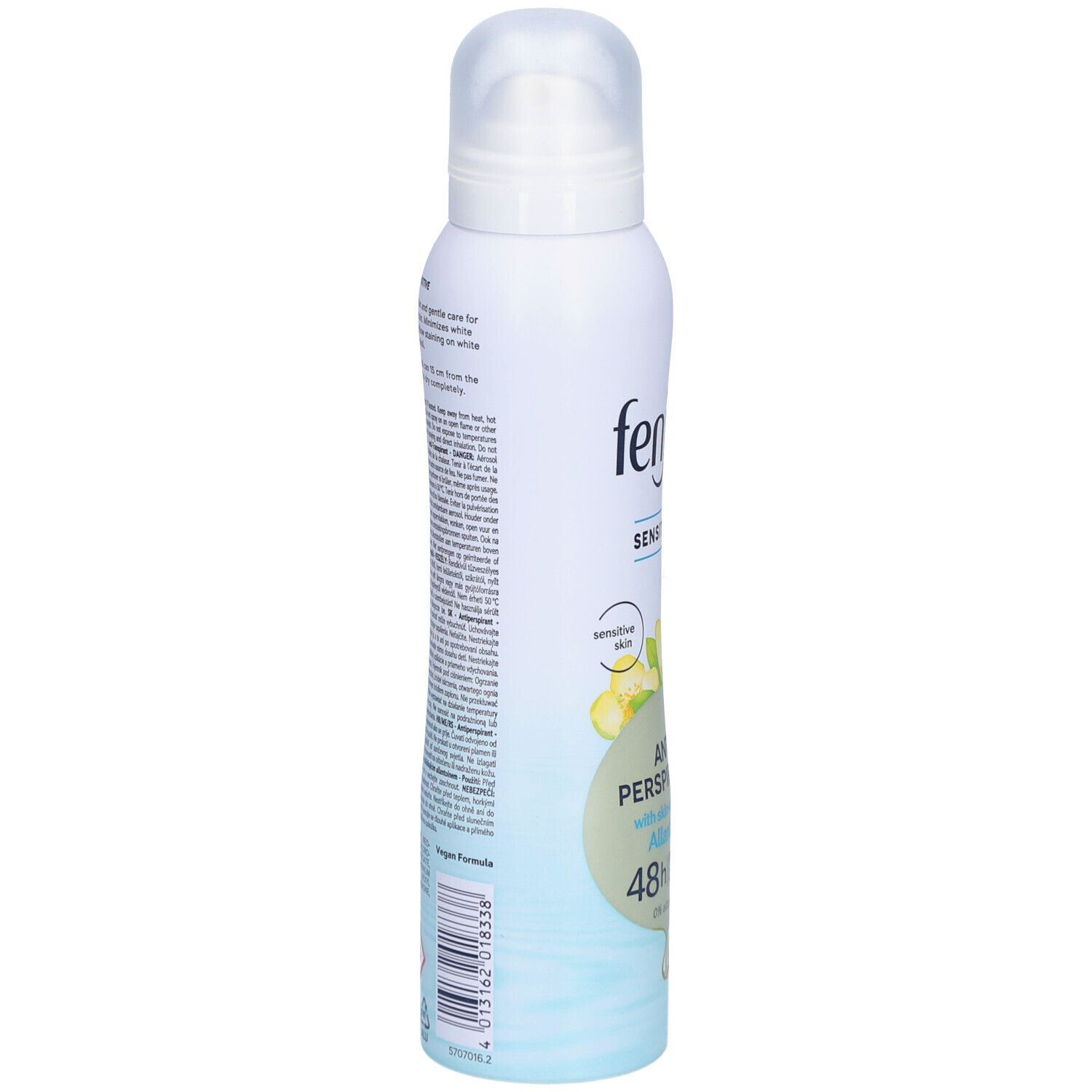 FENJAL Anti-Transpirant Deodorant, zijaanzicht. Witte spuitfles. Tekst op blauw etiket. Barcode en productinformatie.