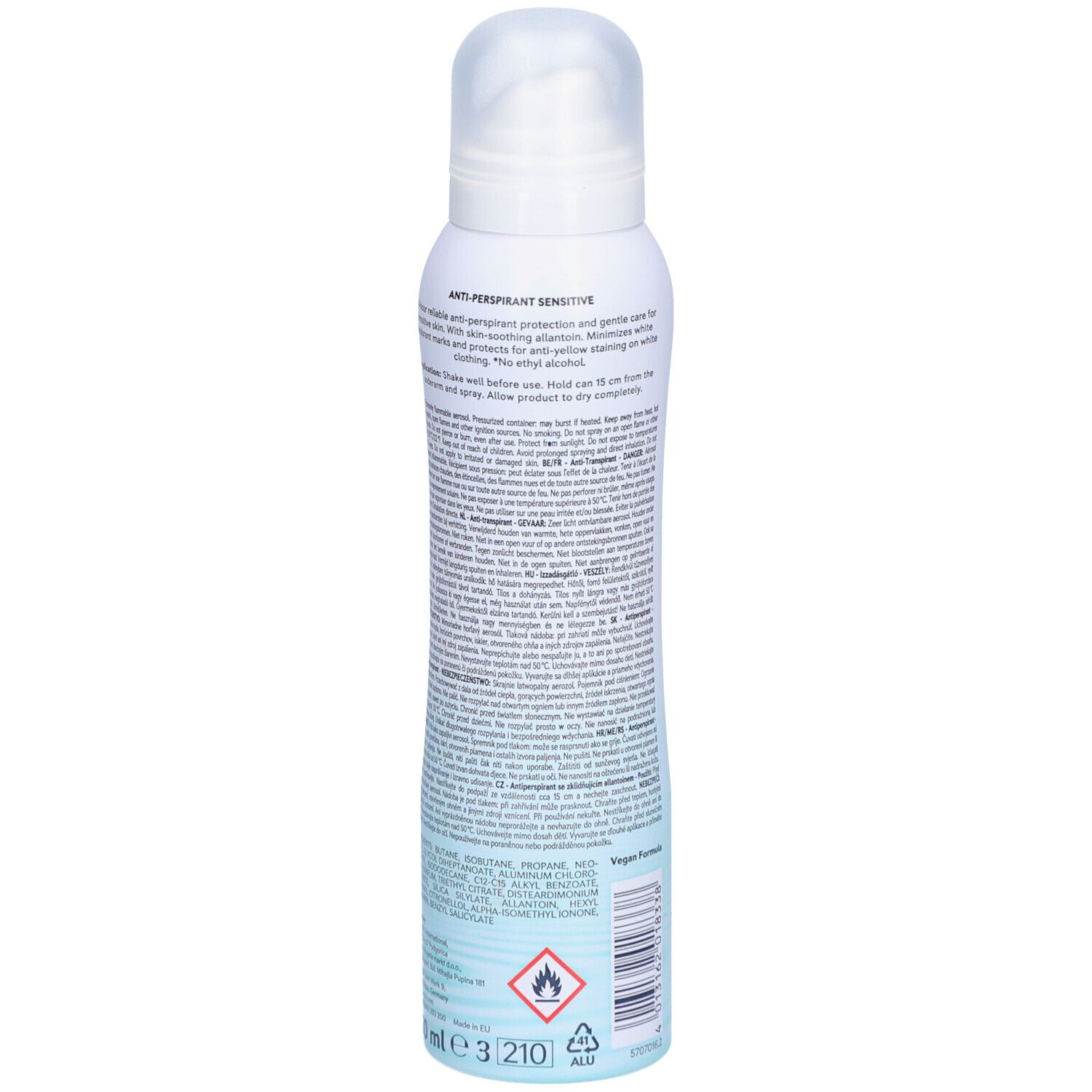 FENJAL Anti-Transpirant Deodorant, achterkant witte spuitfles. Tekst op blauw etiket. Waarschuwingen en ingrediënten.