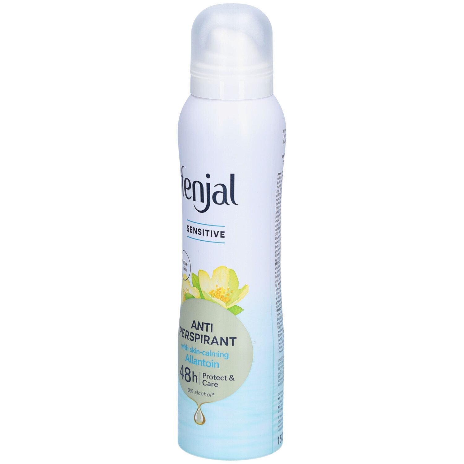 FENJAL Anti-Transpirant Deodorant. Witte spuitfles met blauw etiket. 'Sensitive' en productnaam. Tekst 'Anti-Perspirant' en '48h'.