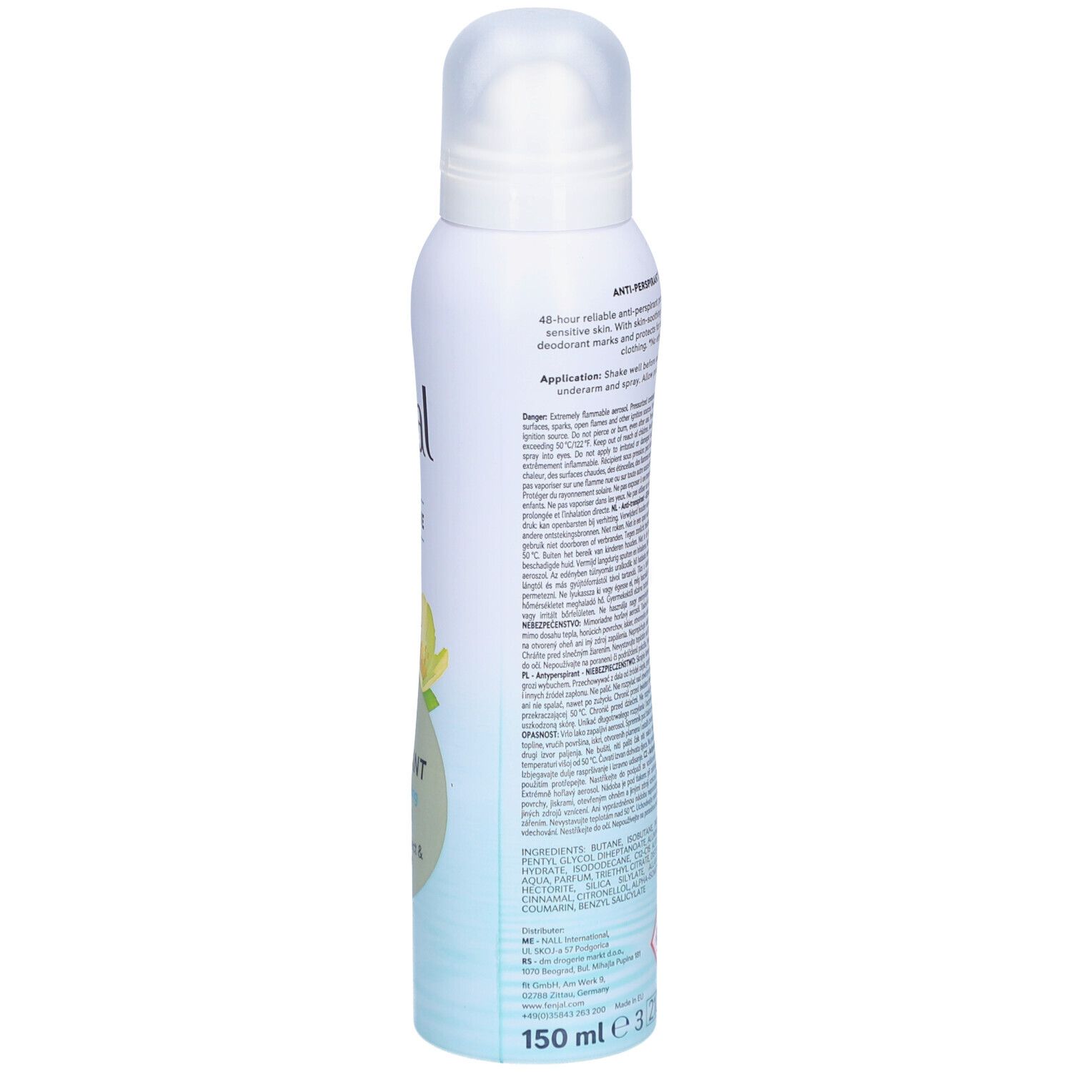 FENJAL Anti-Transpirant Deodorant, zijaanzicht. Witte spuitfles. Tekst op blauw etiket. Volume: 150 ml.