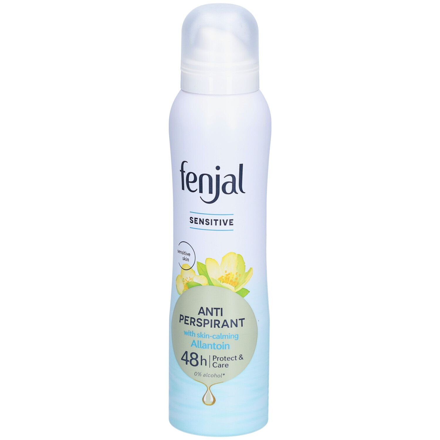 FENJAL Anti-Transpirant Deodorant. Witte spuitfles met blauw etiket. 'Sensitive' en productnaam. Tekst 'Anti-Perspirant' en '48h'.