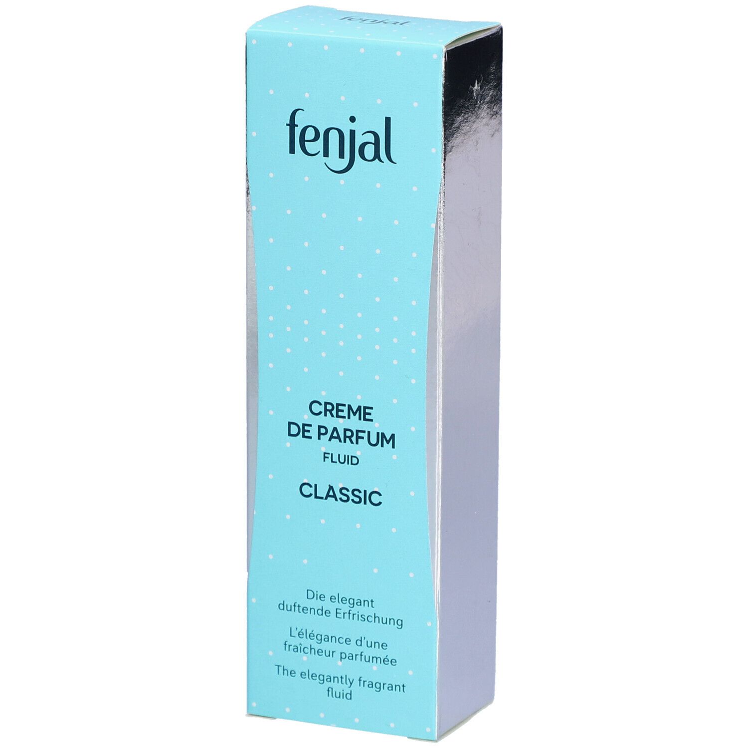 Turquoise en witte doos. Boven: fenjal. Onder: Creme de Parfum Fluid Classic. Tekst: De elegante geurige verfrissing.