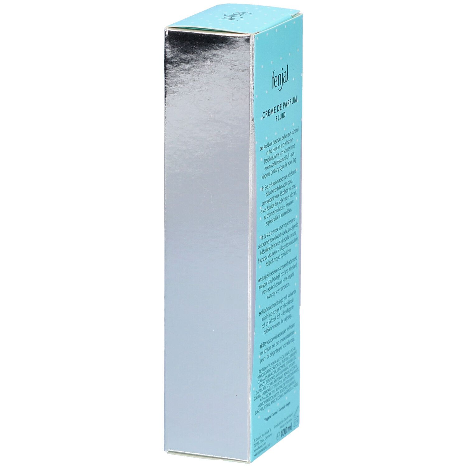 Turquoise en witte doos. Tekst: Creme de Parfum Fluid Classic. Tekst in het Duits, Engels, Frans. Onder: 100ml.