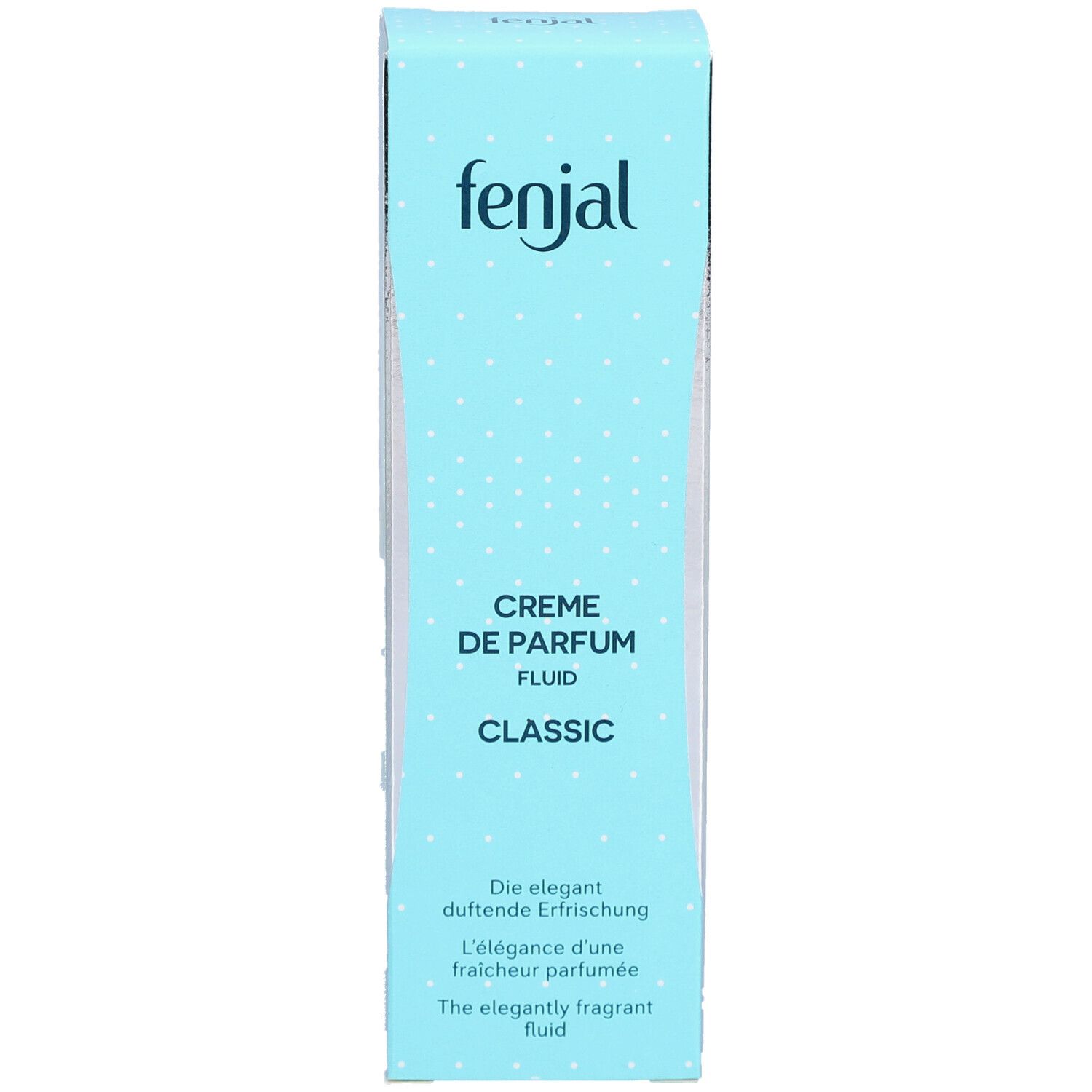 Turquoise en witte doos. Boven: fenjal. Onder: Creme de Parfum Fluid Classic. Tekst: De elegante geurige verfrissing.