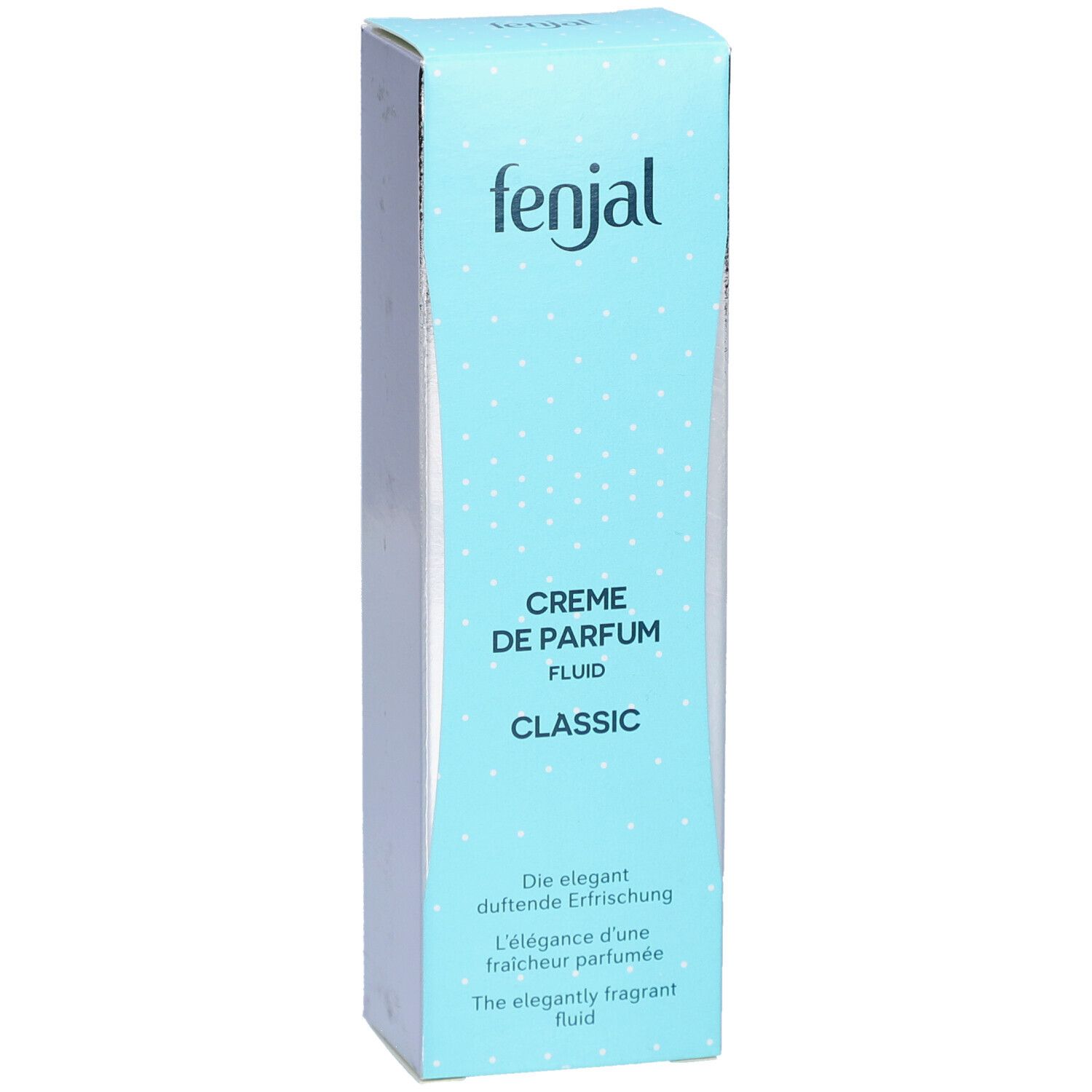 Turquoise en witte doos. Boven: fenjal. Onder: Creme de Parfum Fluid Classic. Tekst: De elegante geurige verfrissing.