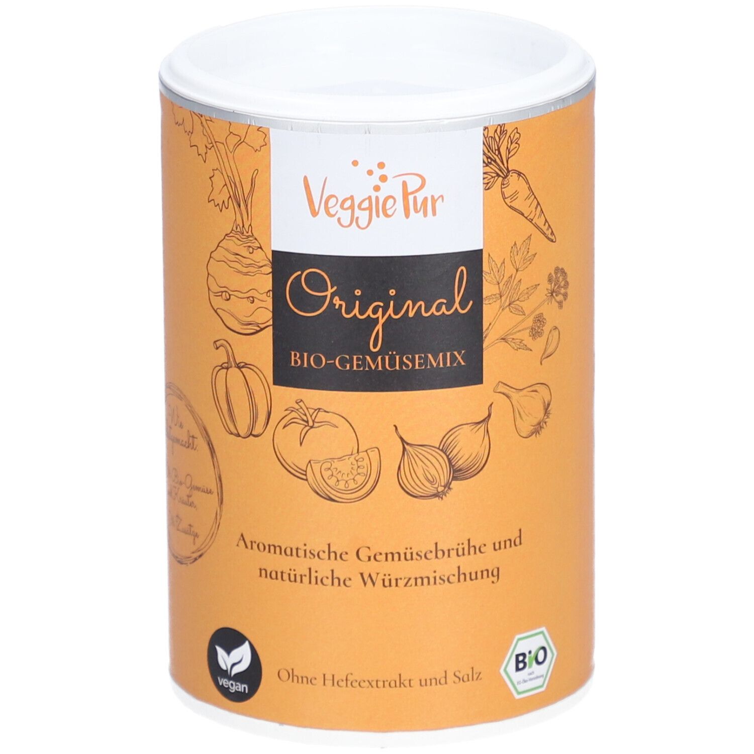 Cilindrische doos met deksel. Opschrift: Veggie Pur Original BIO-Gemüsemix. Illustraties van groenten. Vegan- en bio-keurmerk.