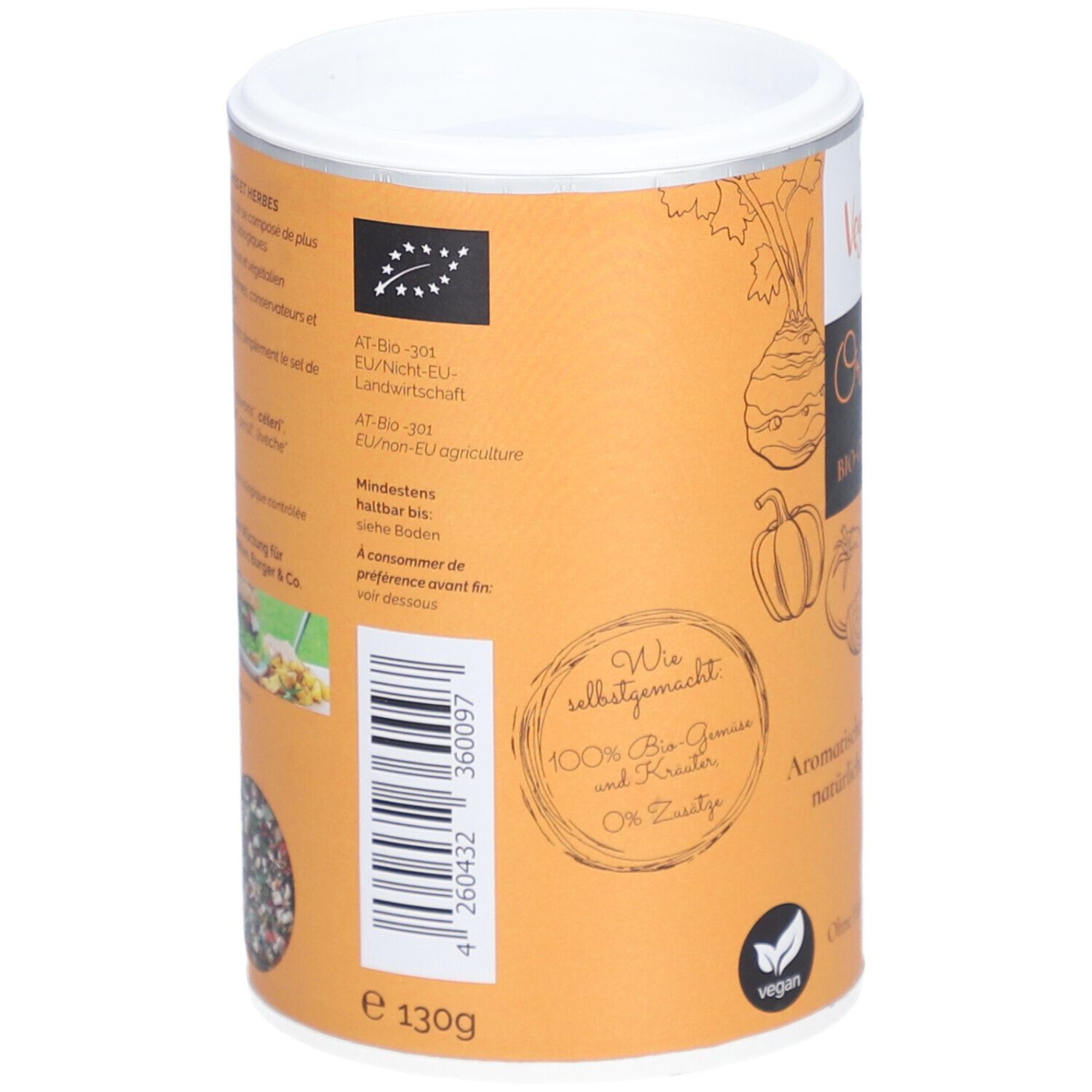 Achterkant van de doos. Tekst: EU-bio-label, houdbaarheidsdatum, barcode. Opschrift: 100% biologische groenten en kruiden, vegan.