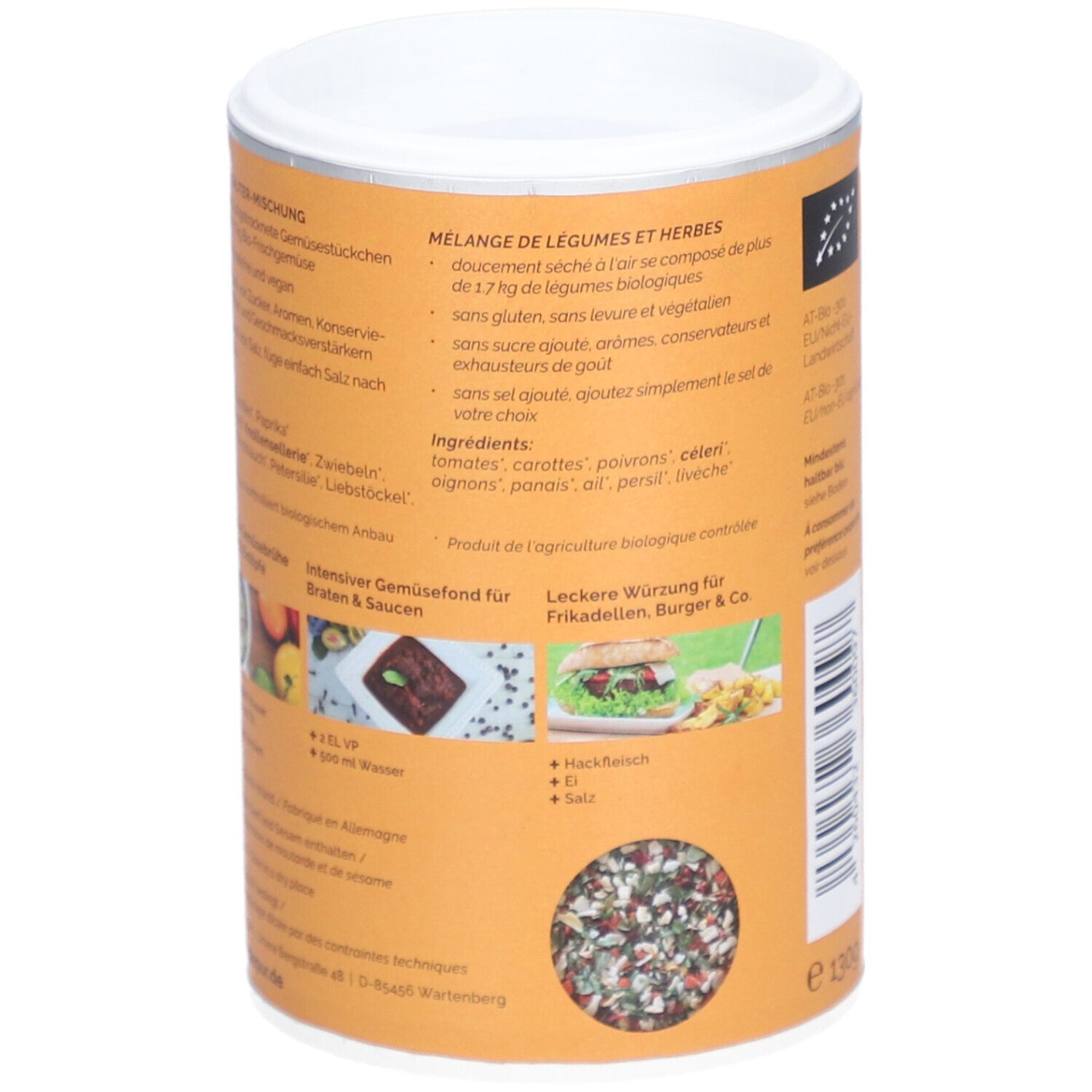 Doos met tekst: mengsel van groenten en kruiden. Glutenvrij, zonder toegevoegde suiker, zonder zout. Ingrediëntenlijst. Bio-label.