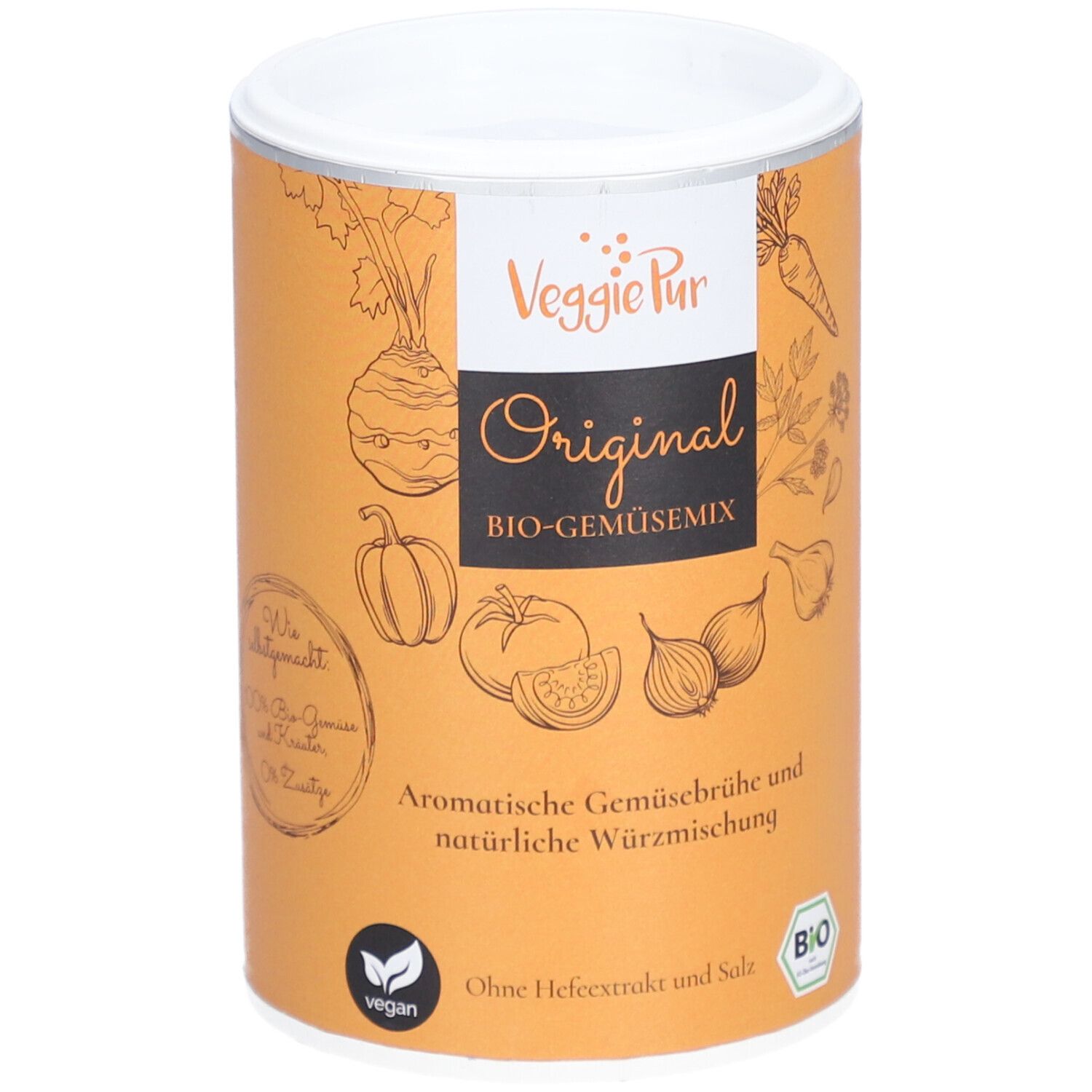 Cilindrische doos met deksel. Opschrift: Veggie Pur Original BIO-Gemüsemix. Illustraties van groenten. Vegan- en bio-keurmerk.